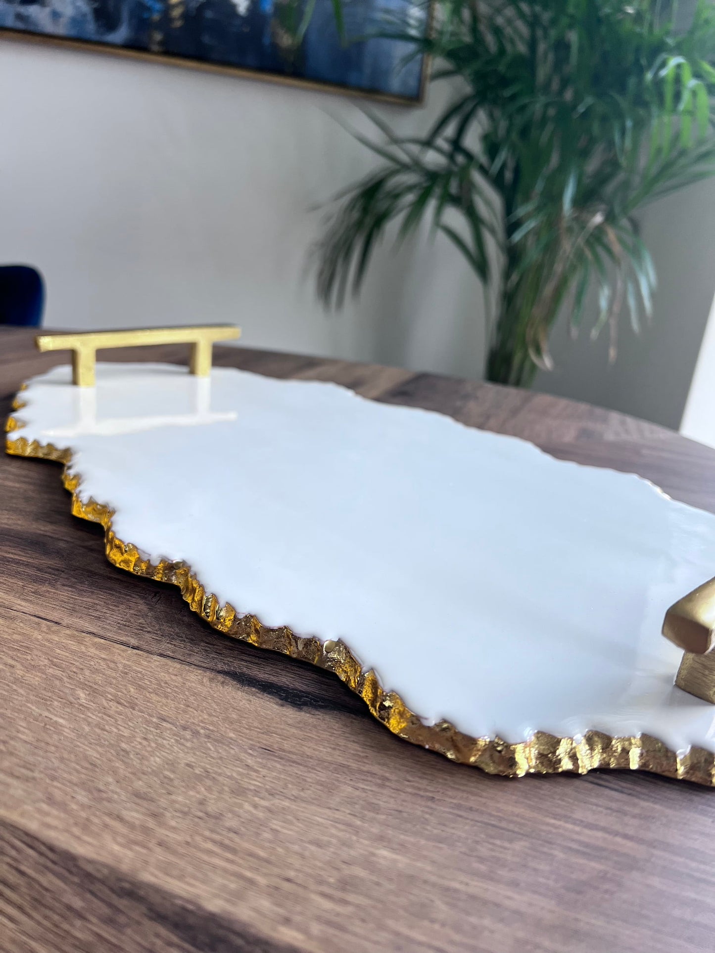 White Enamel Platter Tray with Gold Handles - 19.25"L-High Class Touch