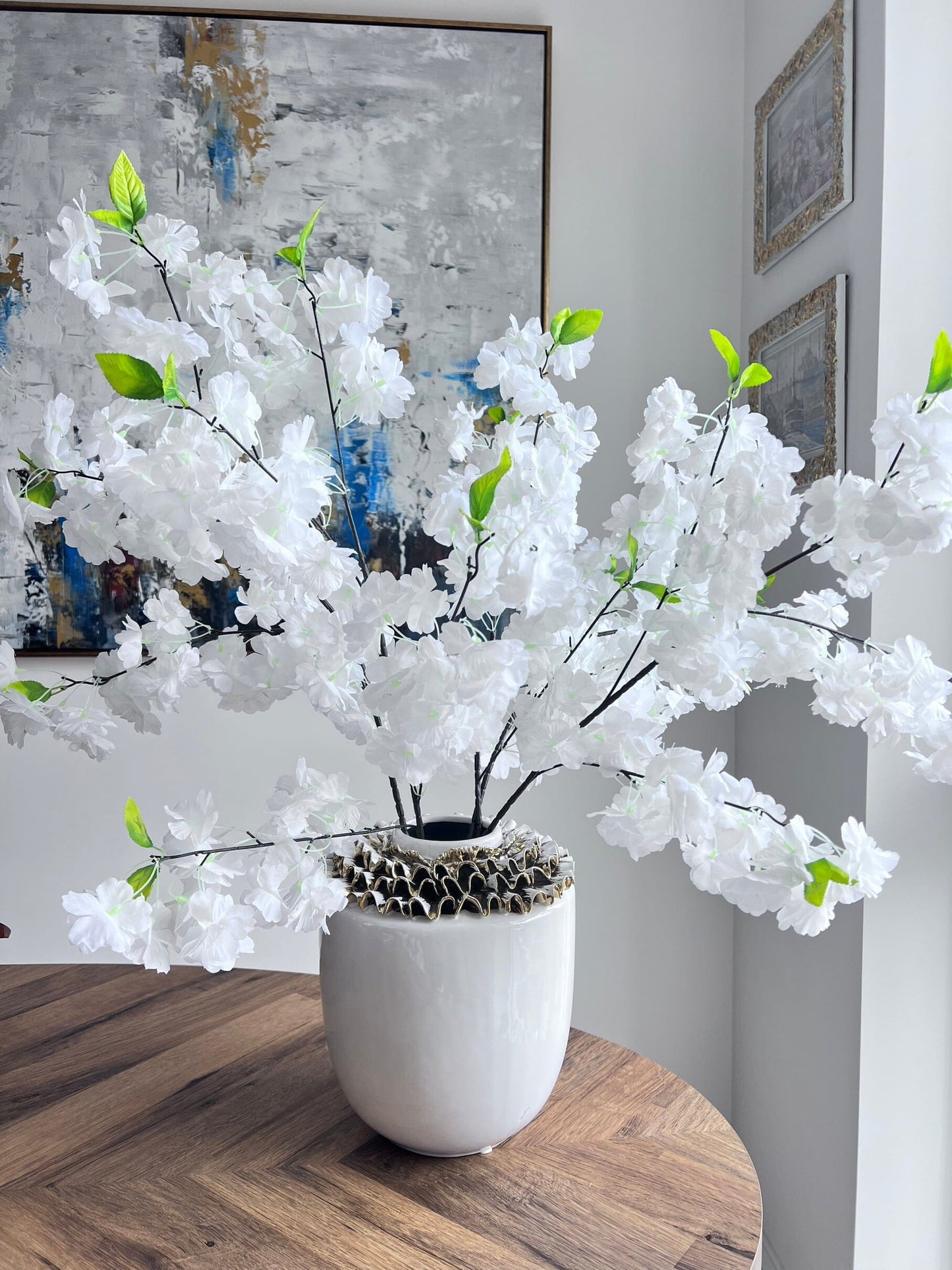 10"H Round White Ceramic Vase Top Gold Design Vases High Class Touch - Home Decor