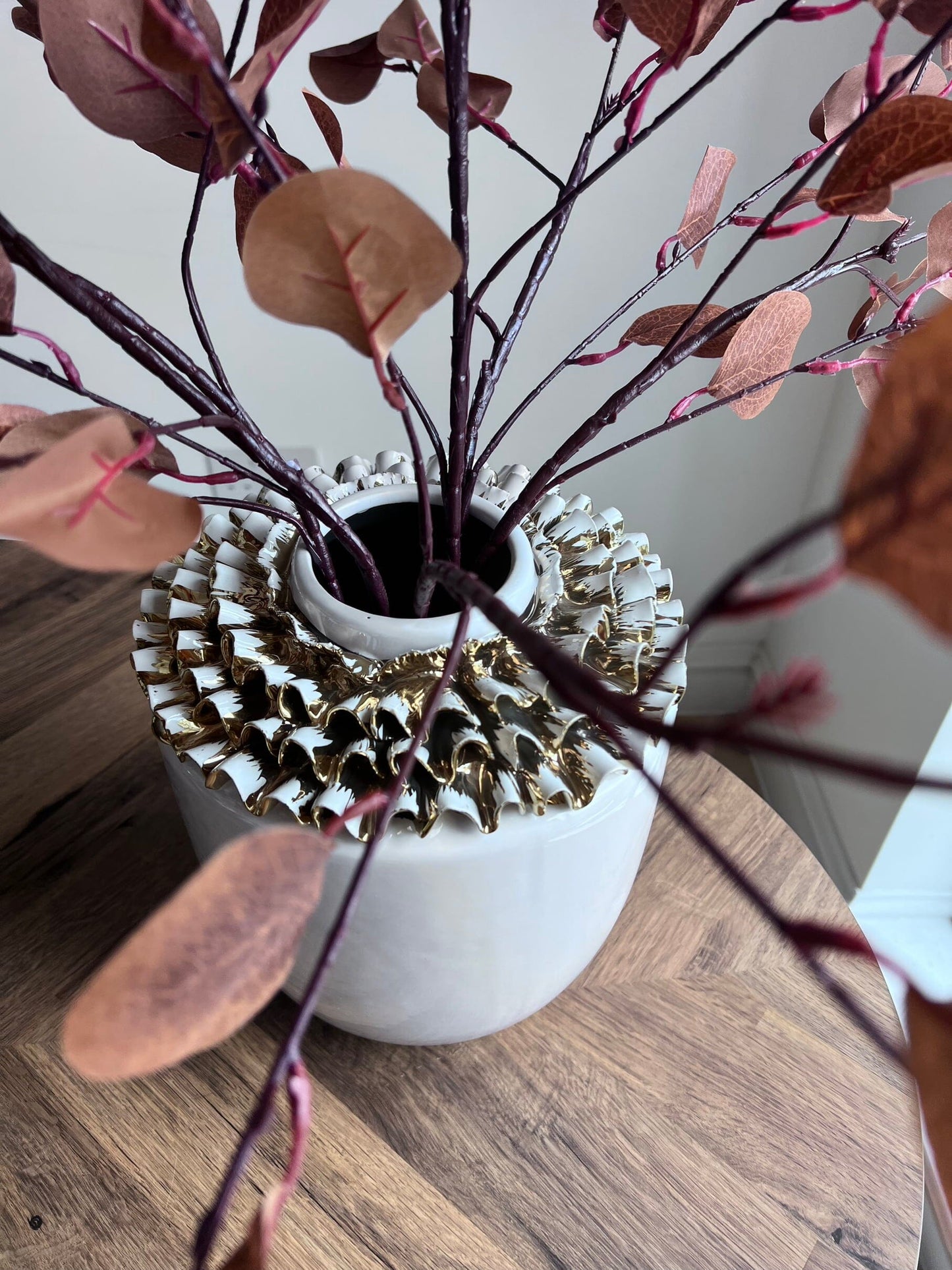 10"H Round White Ceramic Vase Top Gold Design Vases High Class Touch - Home Decor