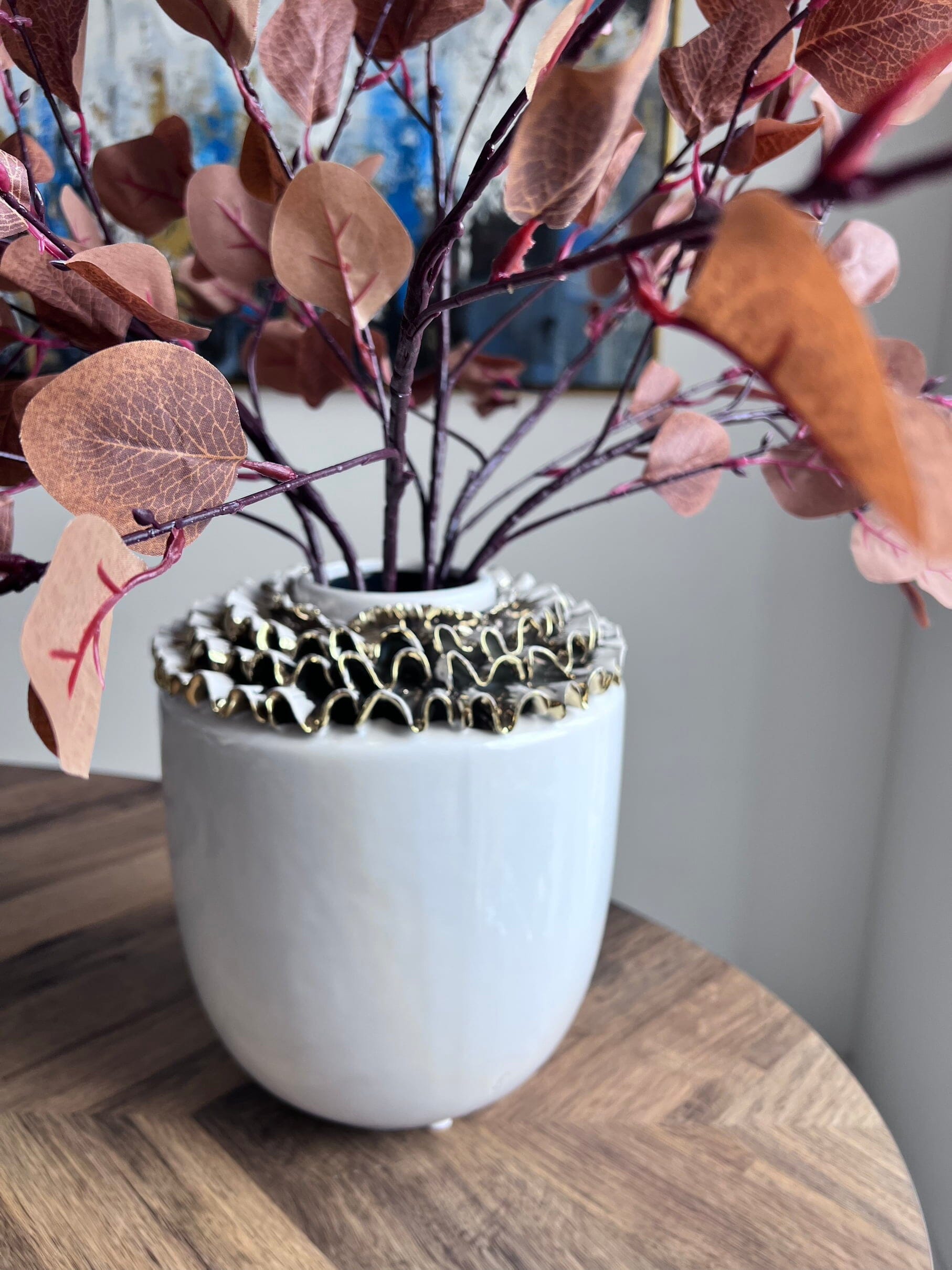 10"H Round White Ceramic Vase Top Gold Design Vases High Class Touch - Home Decor