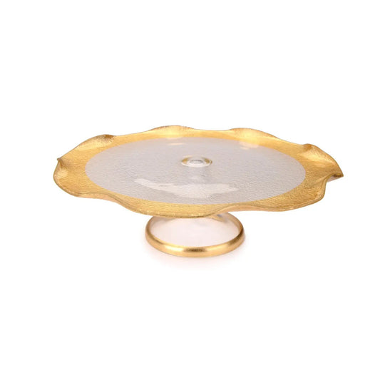 12" Glass Cake Stand with Gold Wavy Border High Class Touch - Home Decor 