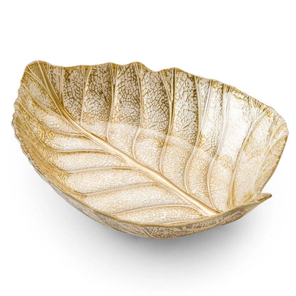 15" Gold Glass Leaf Shape Dish Serving Bowls High Class Touch - Home Decor 
