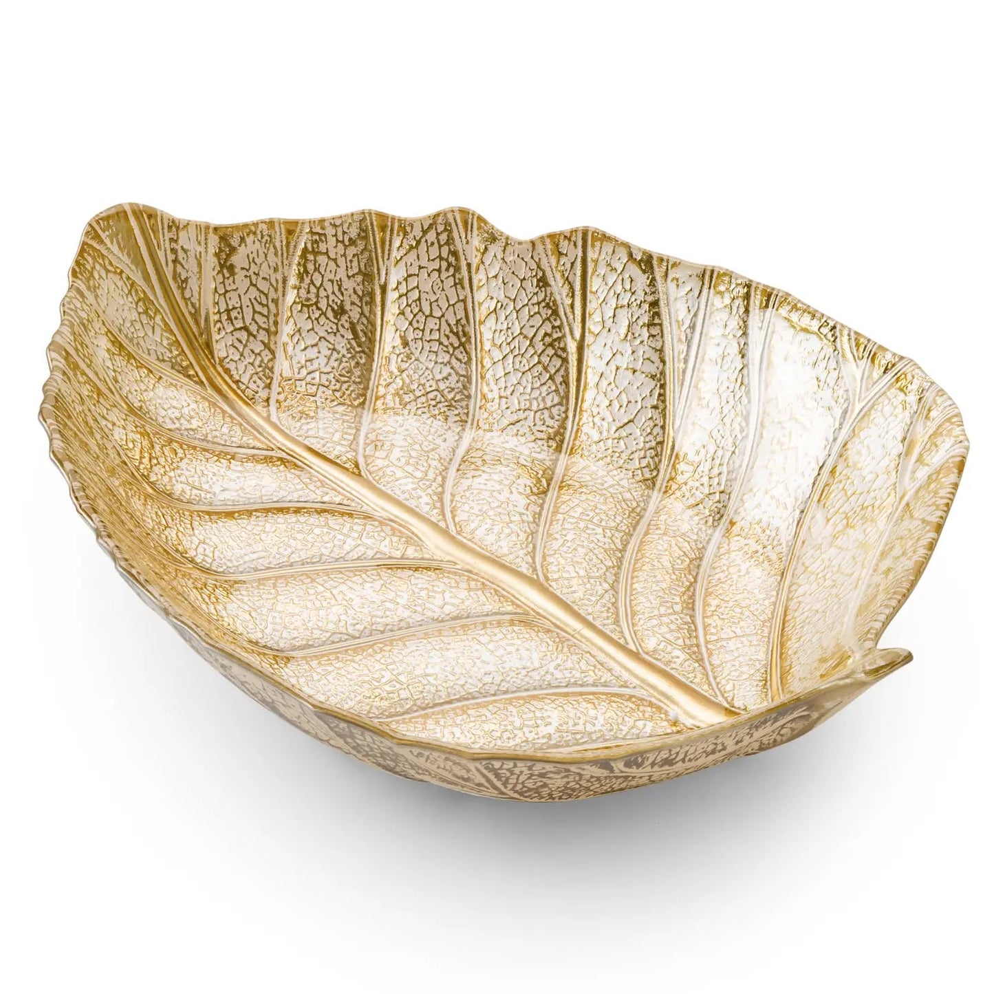 15" Gold Glass Leaf Shape Dish Serving Bowls High Class Touch - Home Decor