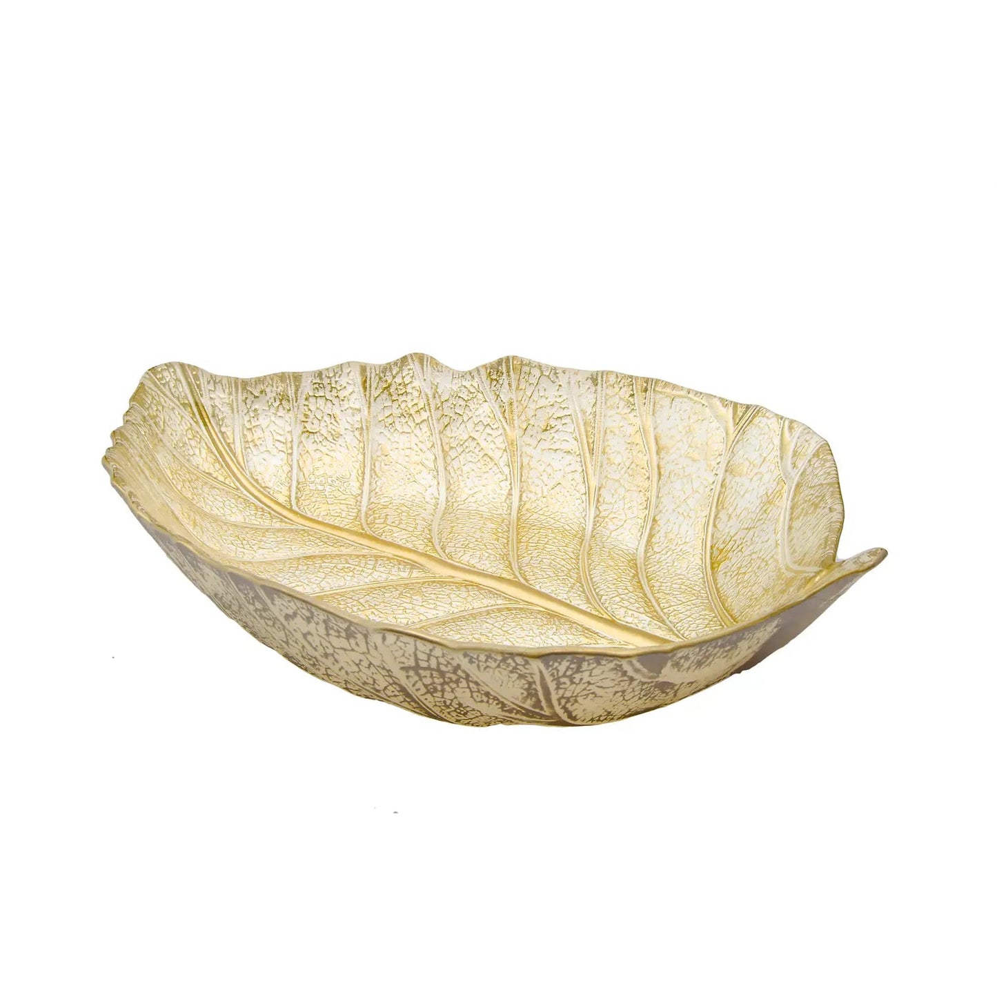 15" Gold Glass Leaf Shape Dish Serving Bowls High Class Touch - Home Decor