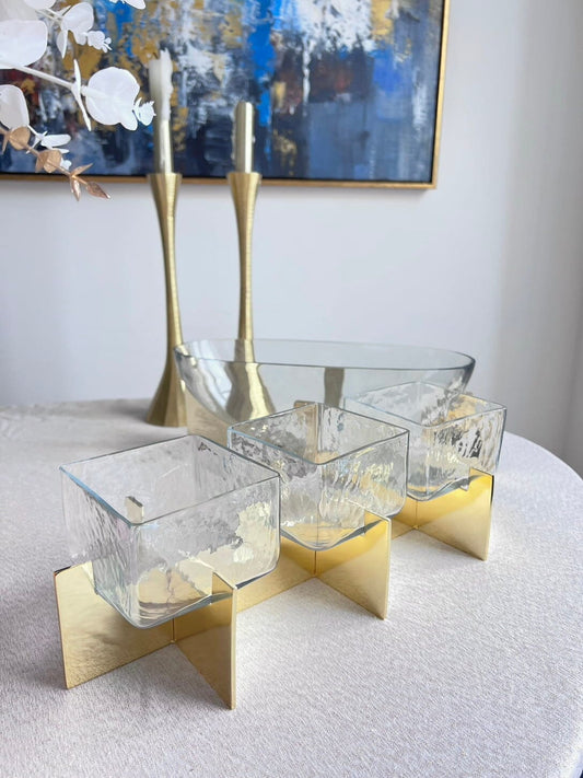 3 Glass Dish Bowls Mezze Set on a Gold Metal Stand Snack Bowls High Class Touch - Home Decor