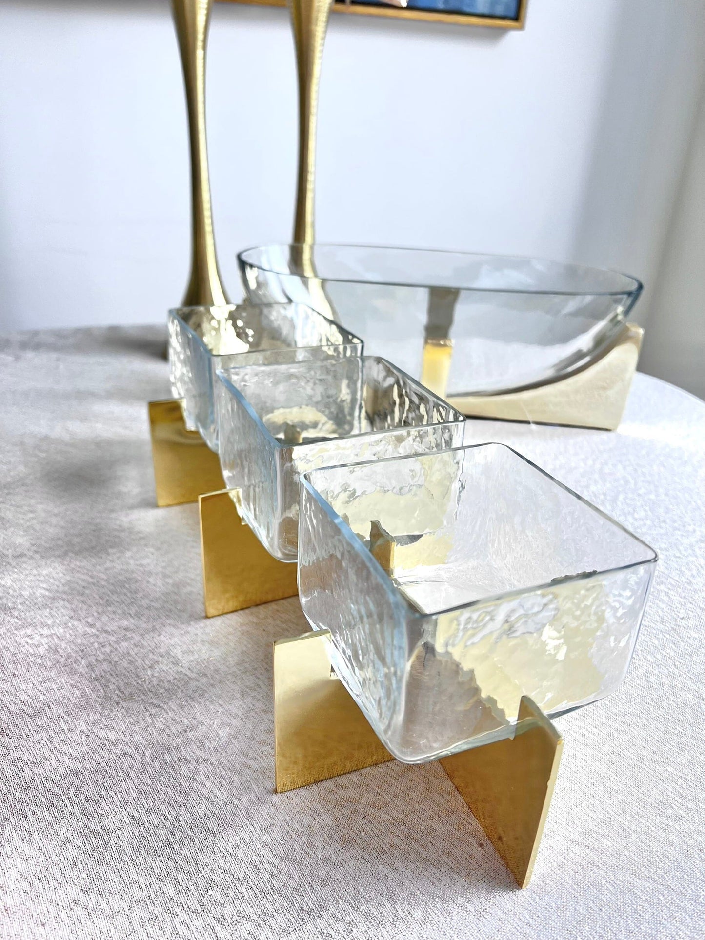 3 Glass Dish Bowls Mezze Set on a Gold Metal Stand Snack Bowls High Class Touch - Home Decor