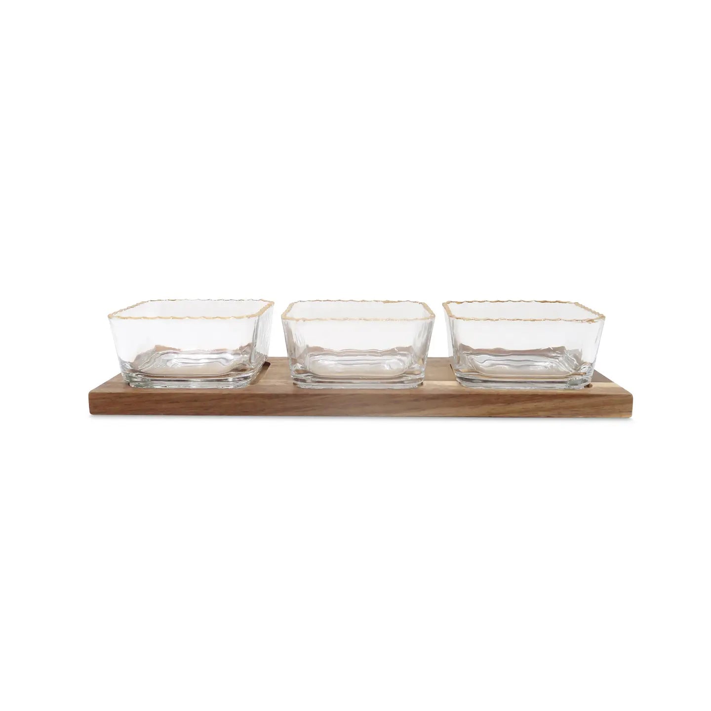 3 Square Glass Bowl Sauce Dish with Wooden Base Snack Bowls High Class Touch - Home Decor 