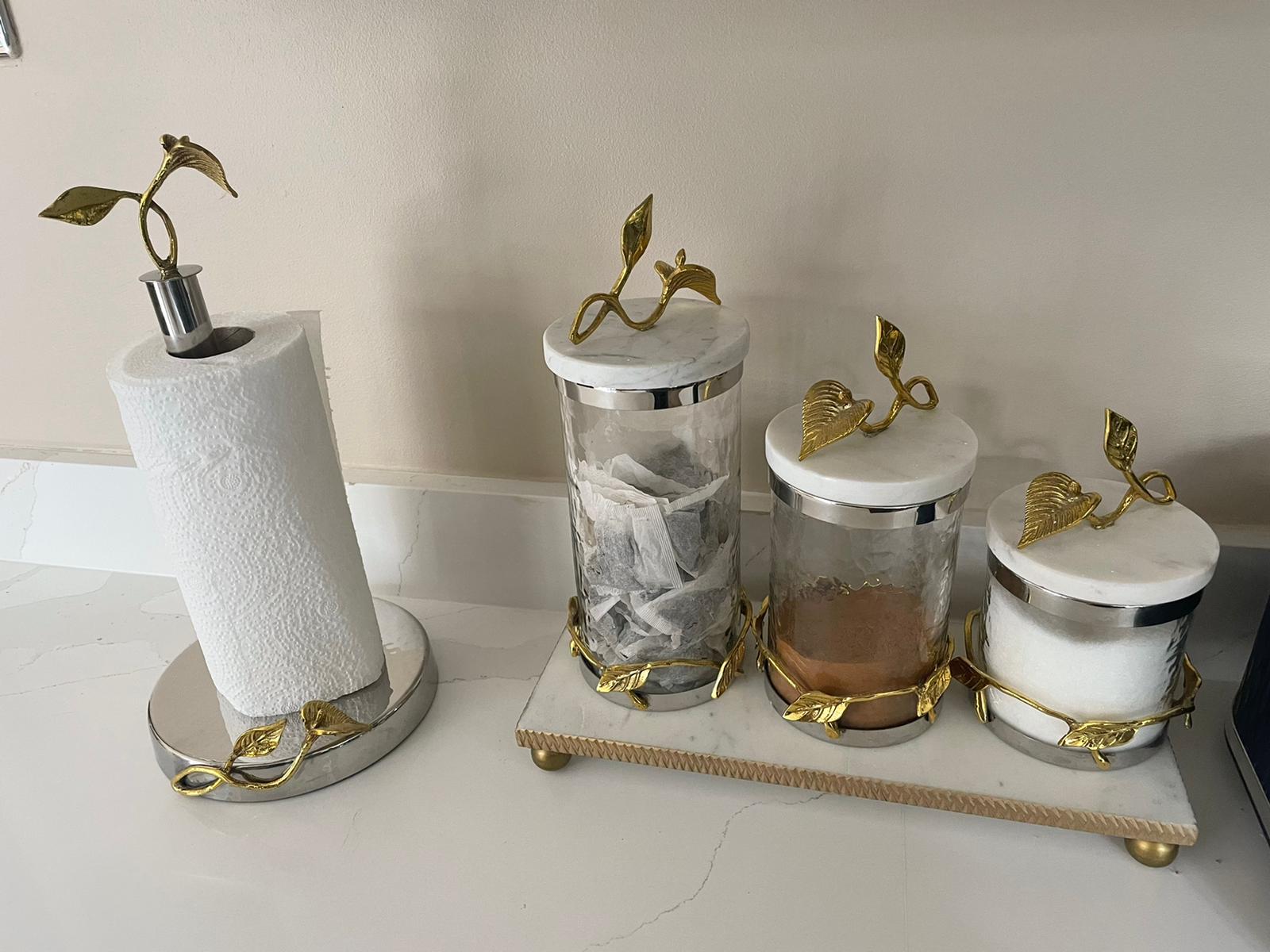set of 3 gold leaf design coffee canister and kitchen paper holder homeware