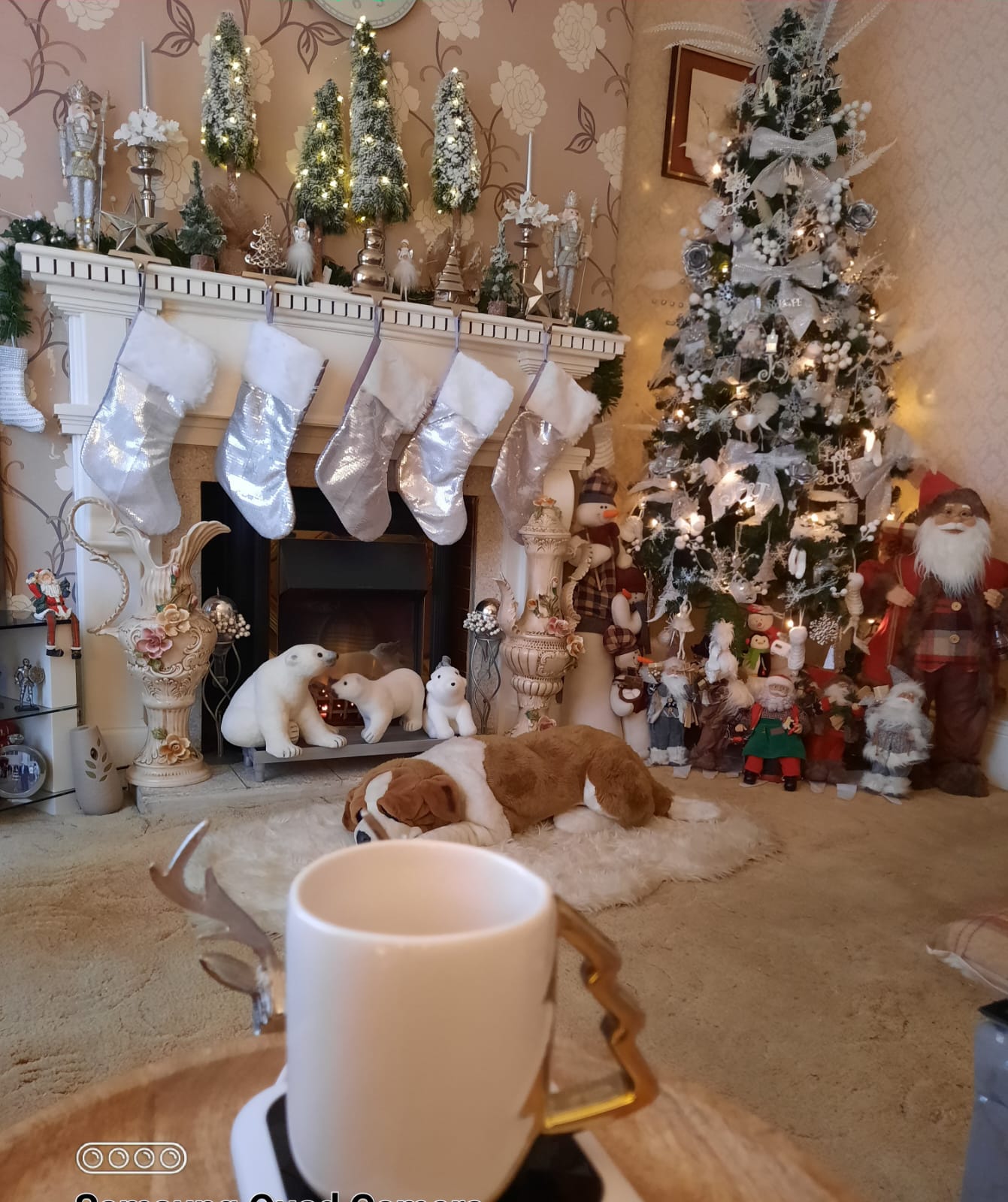 white mug with gold handle on christmas living room homeware