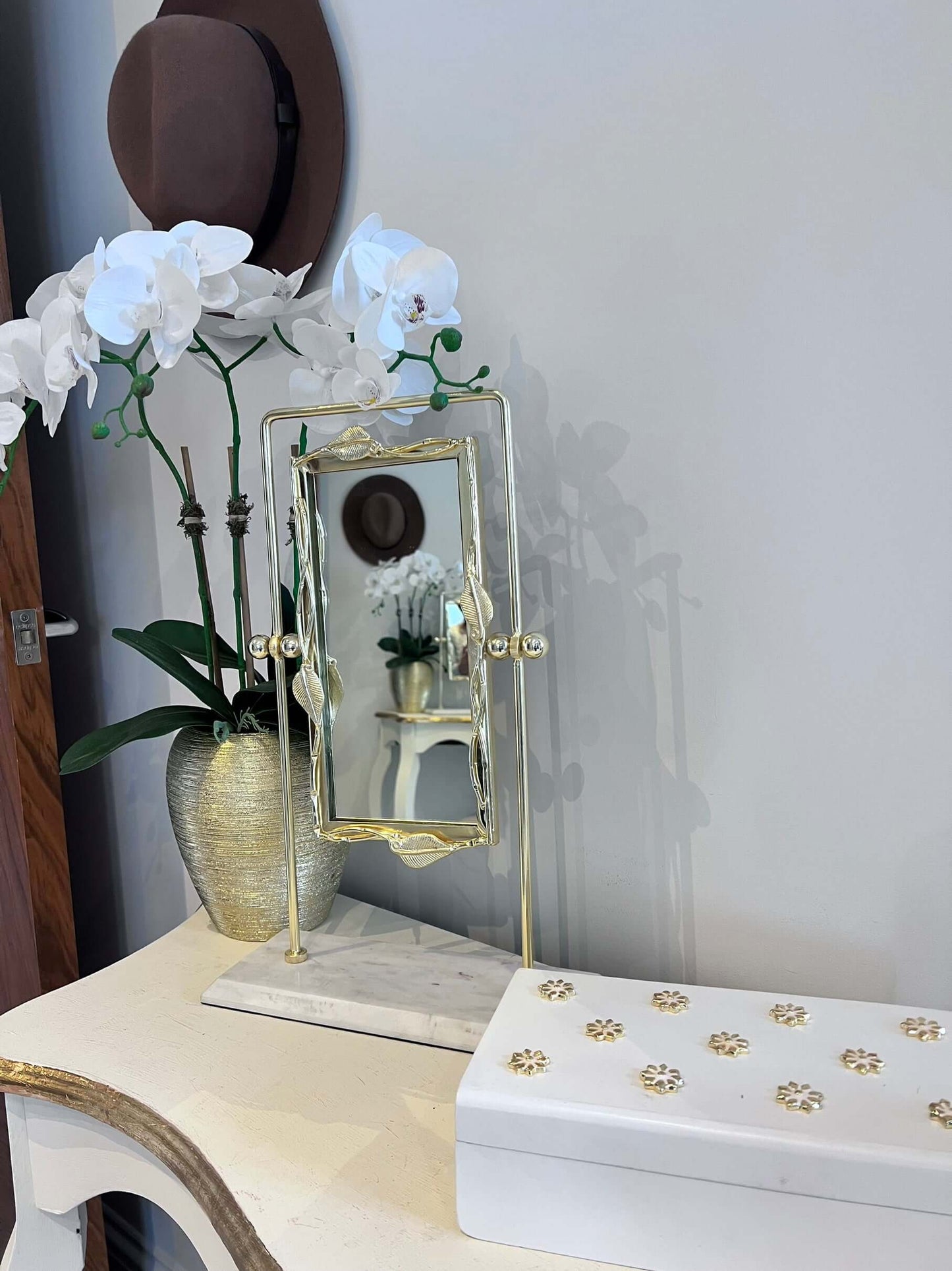 Gold Leaf Design Table Mirror with Marble Base (with imperfection)