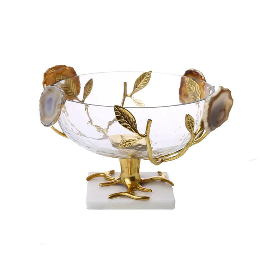 8.25"D Glass Salad Bowl with Gold Leaves & Agate Stone Decorative Bowls High Class Touch - Home Decor 