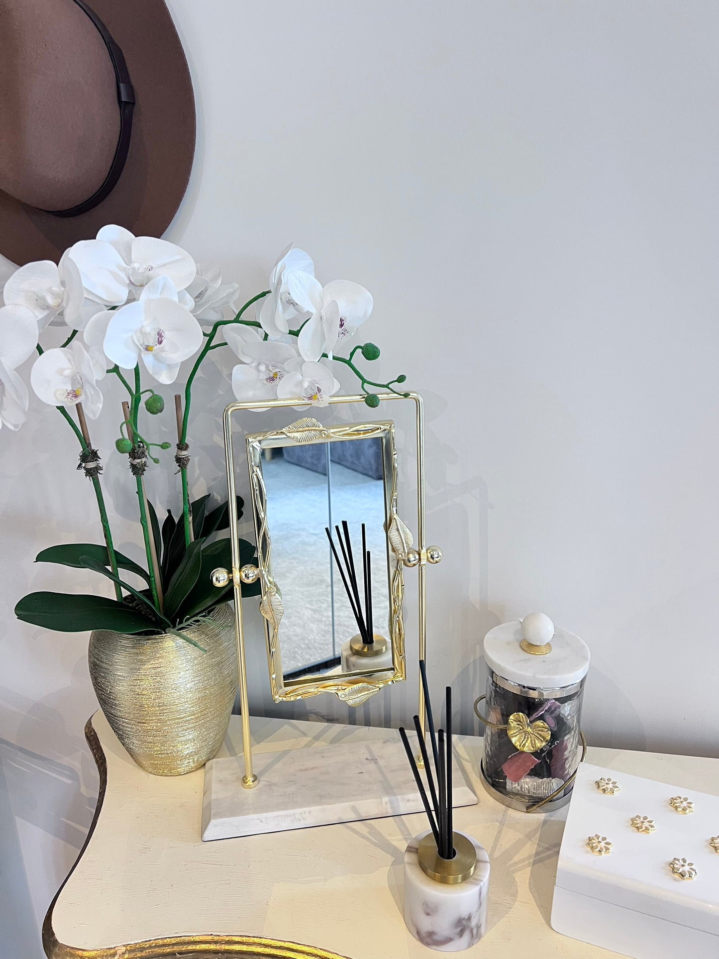 Gold Leaf Design Table Mirror with Marble Base (with imperfection)