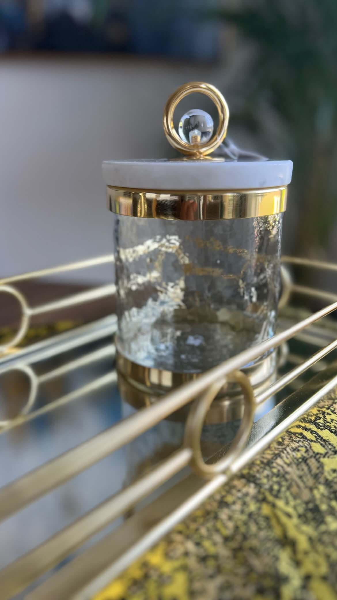 Gold Rectangular Mirror Tray Loop Design featuring a luxurious glass container with gold accents.