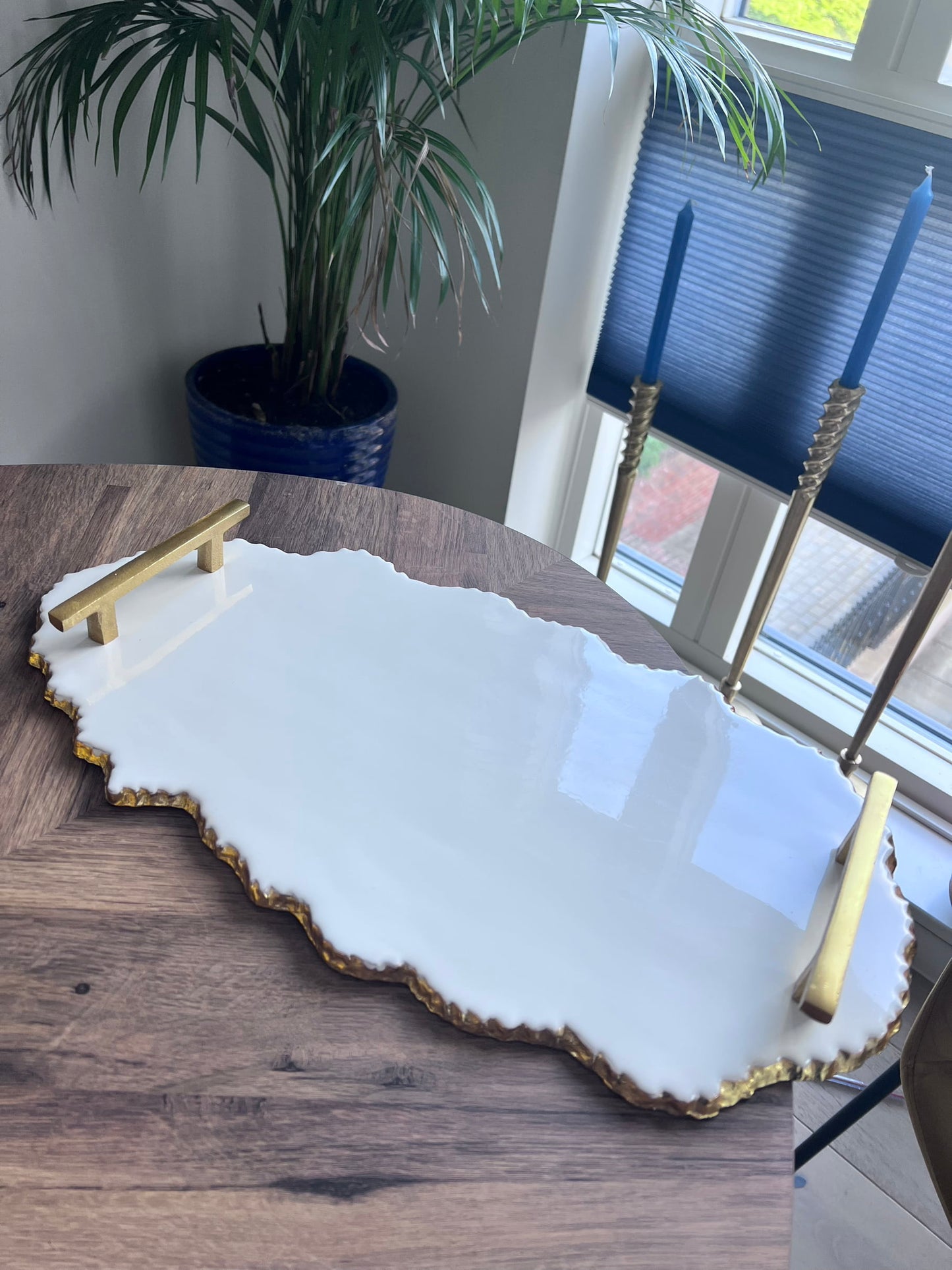 White Enamel Platter Tray with Gold Handles - 19.25"L-High Class Touch