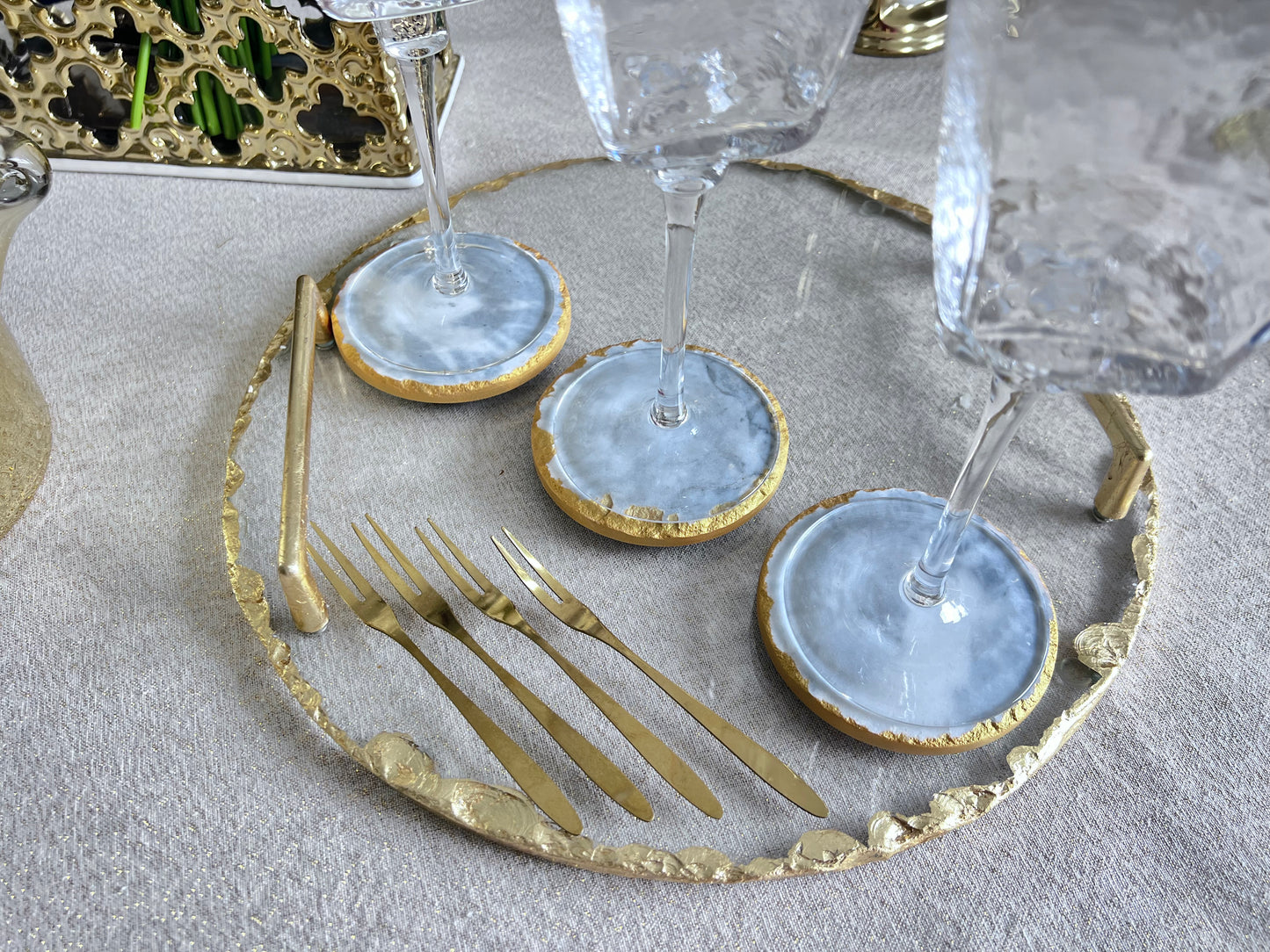 Rustic Cut Glass Tray with Gold Edge