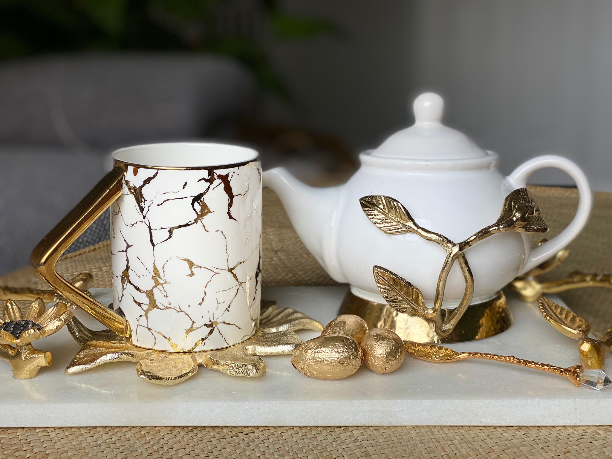 homeware mug and teapot in white ceramic and gold kitchen accessories