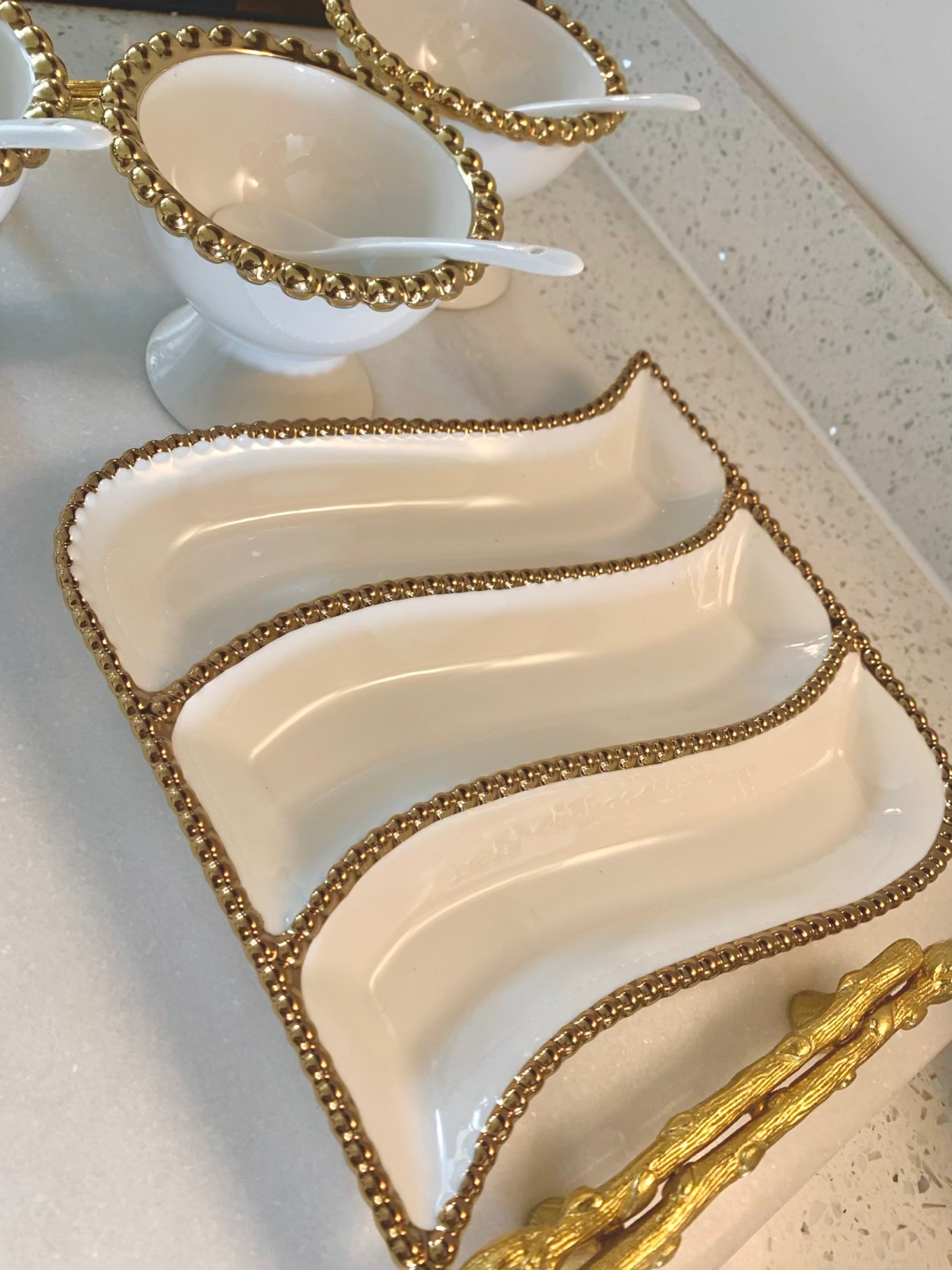 White Porcelain 3-Divided Serving Dish with Gold Beaded Design-High Class Touch