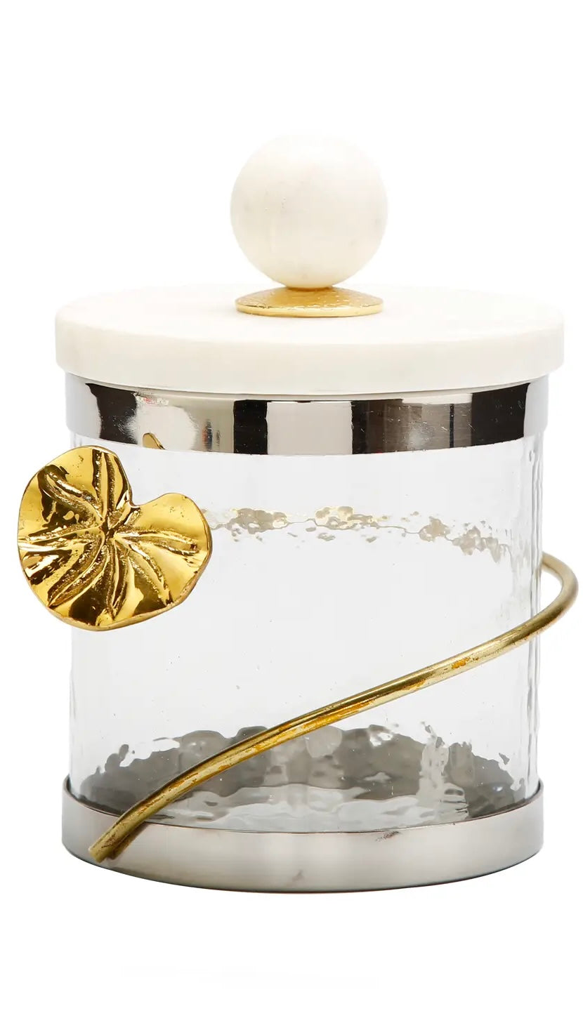 Glass Silver Canister with Gold Lotus Design and Marble Lid