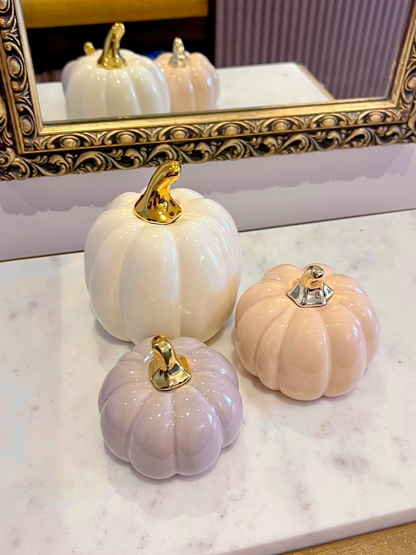 Small Porcelain Pastel Pumpkins with Gold Stem Decorative Ornament set of 3
