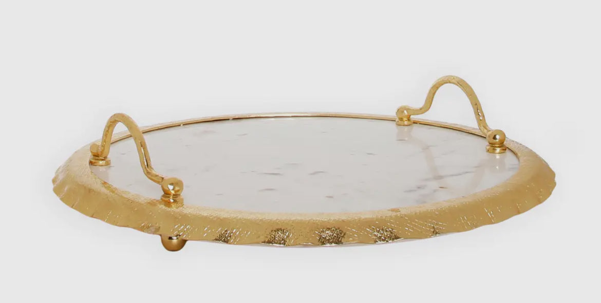 Round Marble Tray with Ruffle Gold Edge and handles
