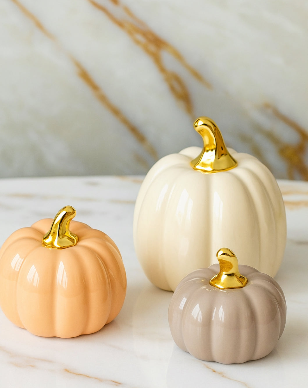 Small Porcelain Pastel Pumpkins with Gold Stem Decorative Ornament set of 3