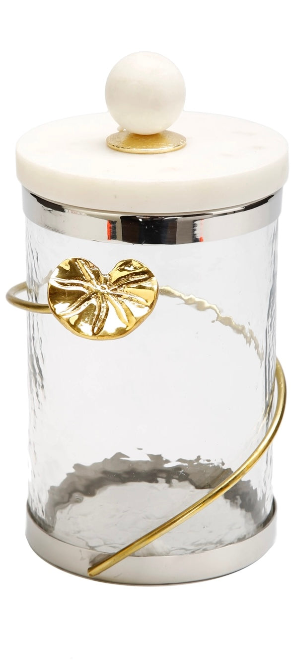 Glass Silver Canister with Gold Lotus Design and Marble Lid