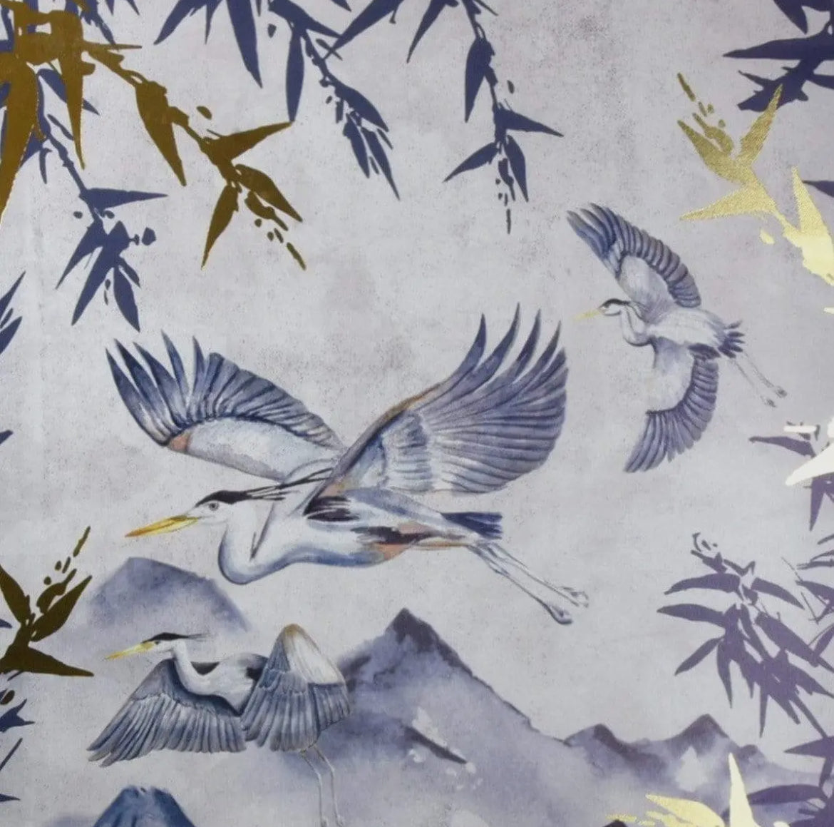 Oriental Heron Design Canvas Print with Gold Wooden Frame