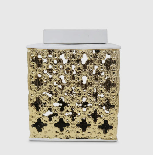 Gold Decorative Rectangle Jar with White Cover
