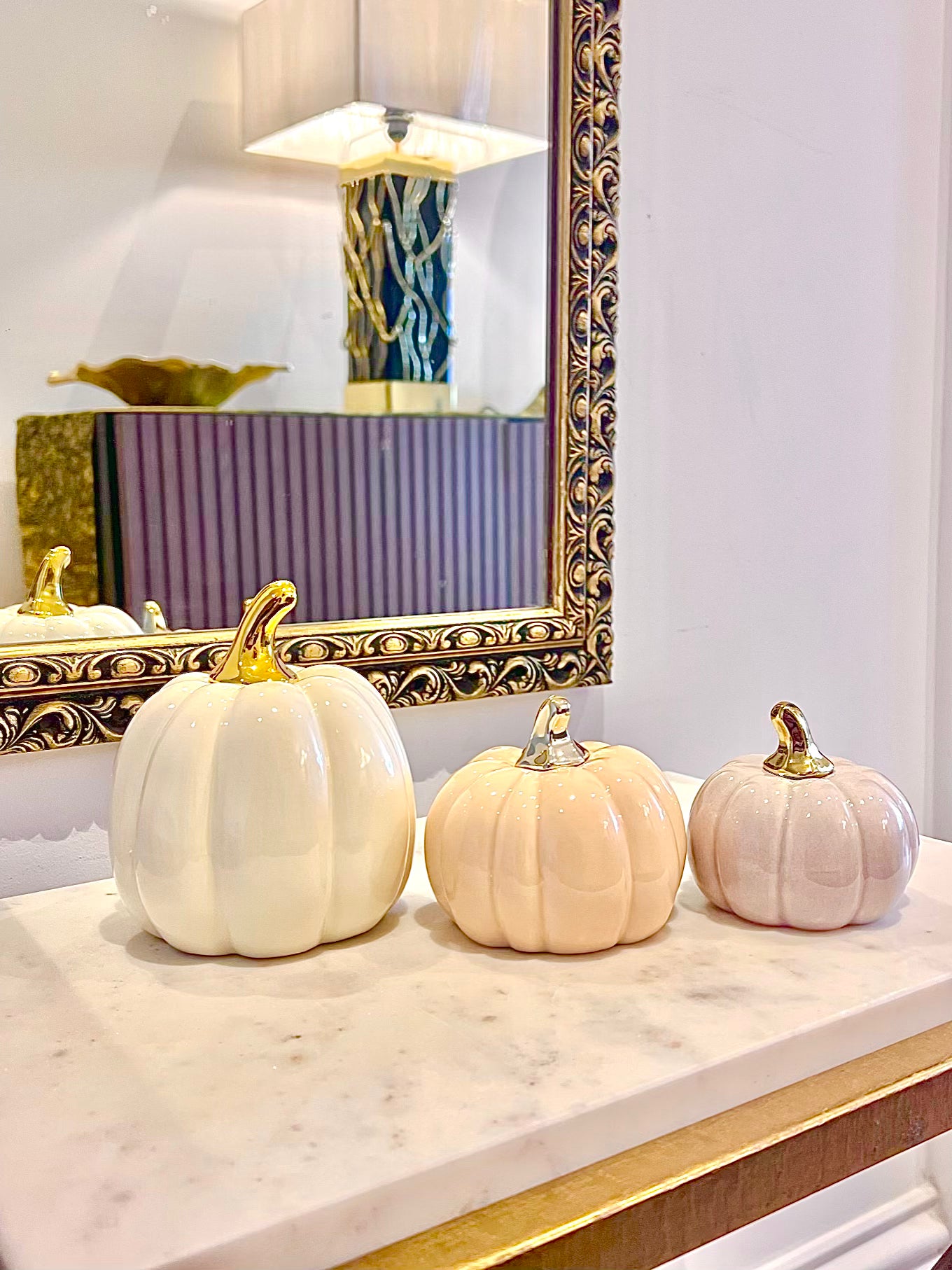 Small Porcelain Pastel Pumpkins with Gold Stem Decorative Ornament set of 3