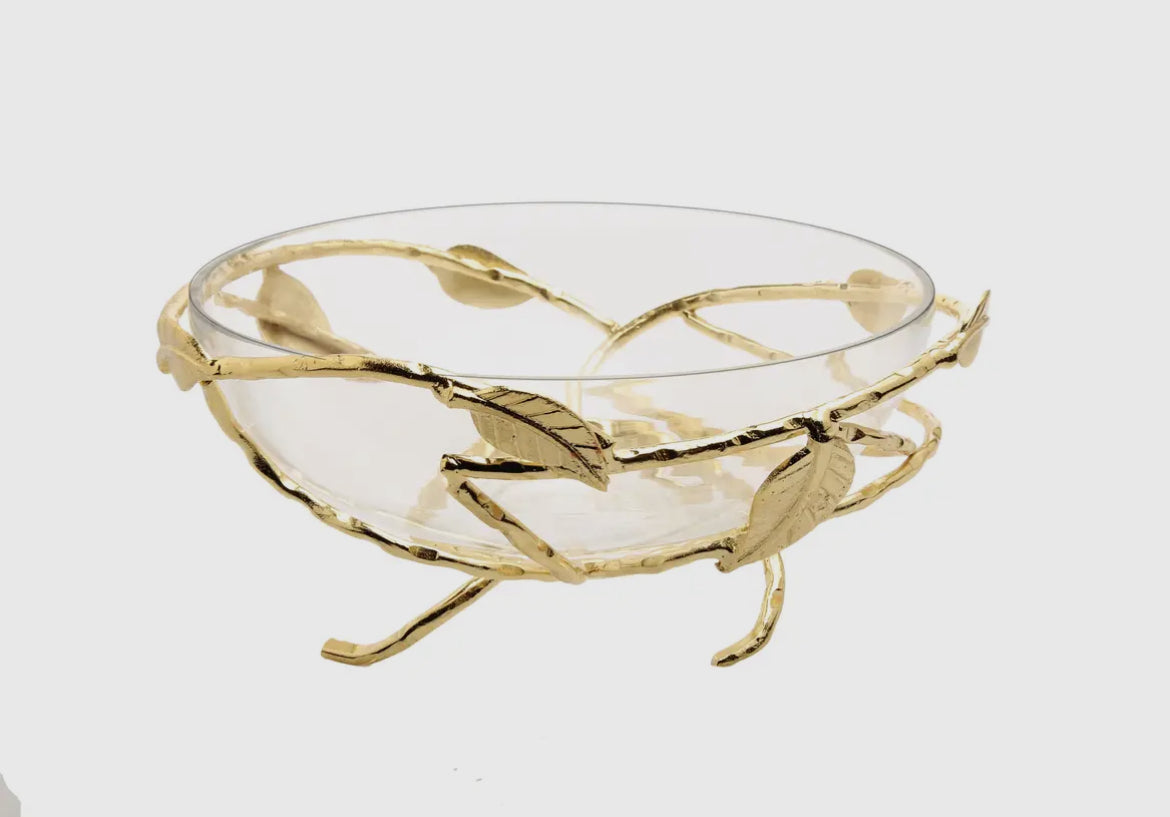 Glass Fruit Gold Bowl On Stainless Leaf Stand 12.5”D