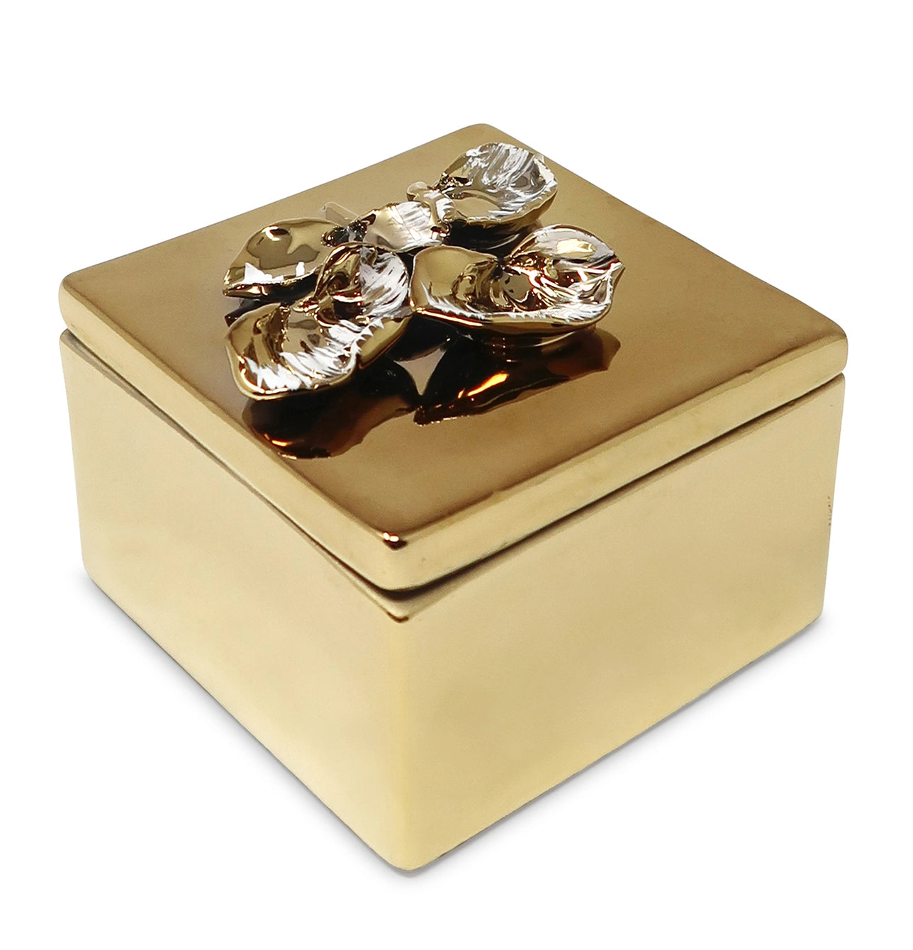 Square Gold Porcelain Box with Flower Design On Lid