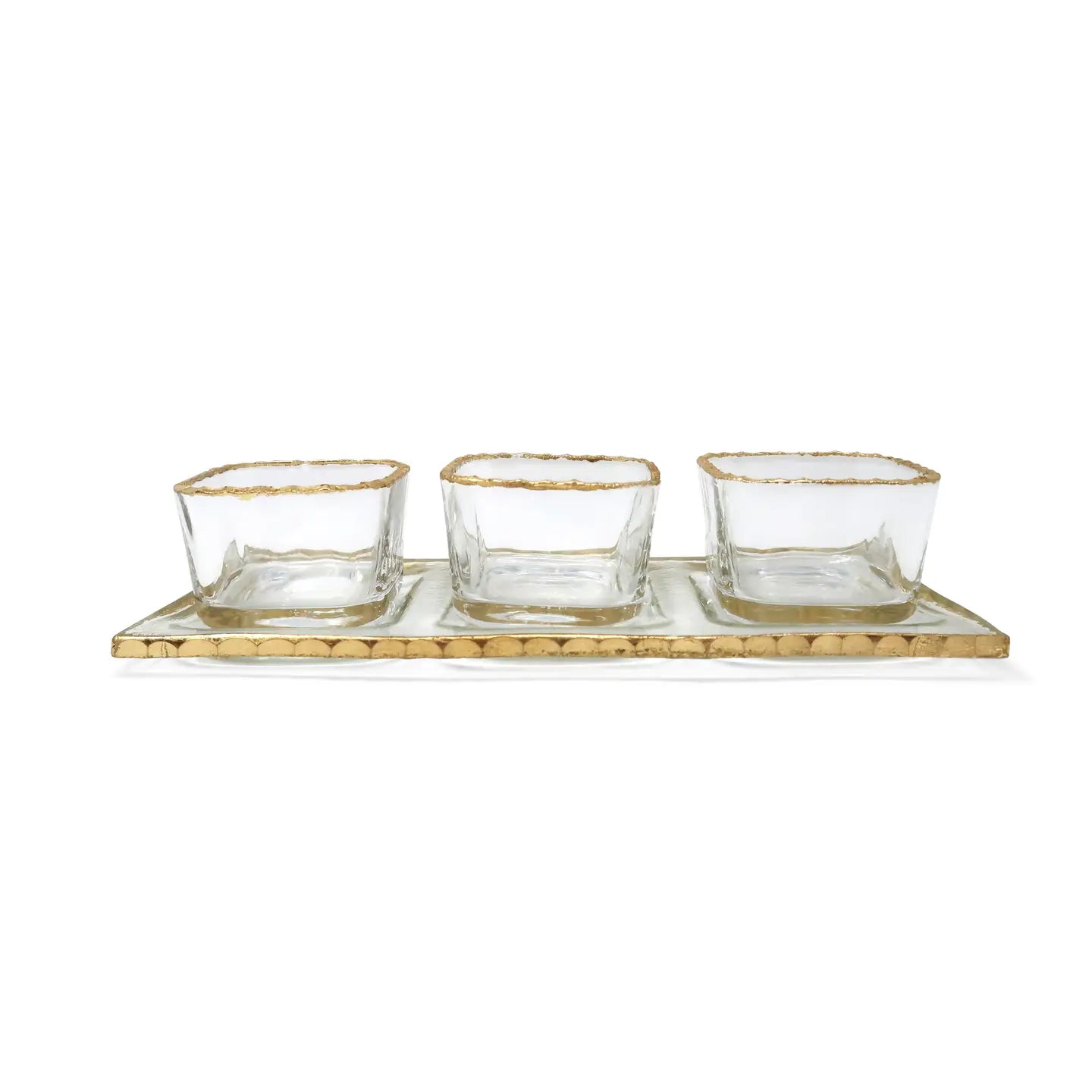 3 Bowl Sauce Dish On Tray with Gold Rustic Rim