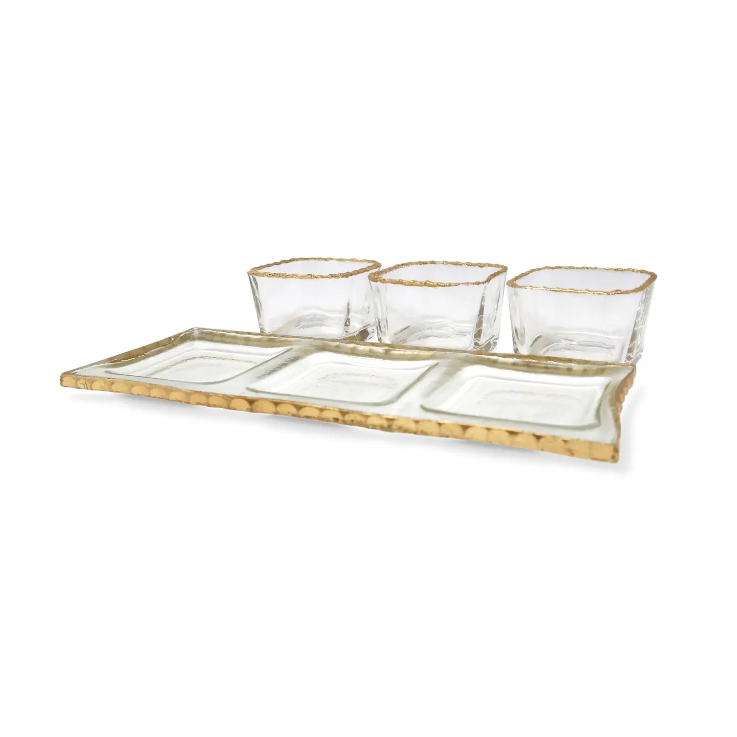 3 Bowl Sauce Dish On Tray with Gold Rustic Rim