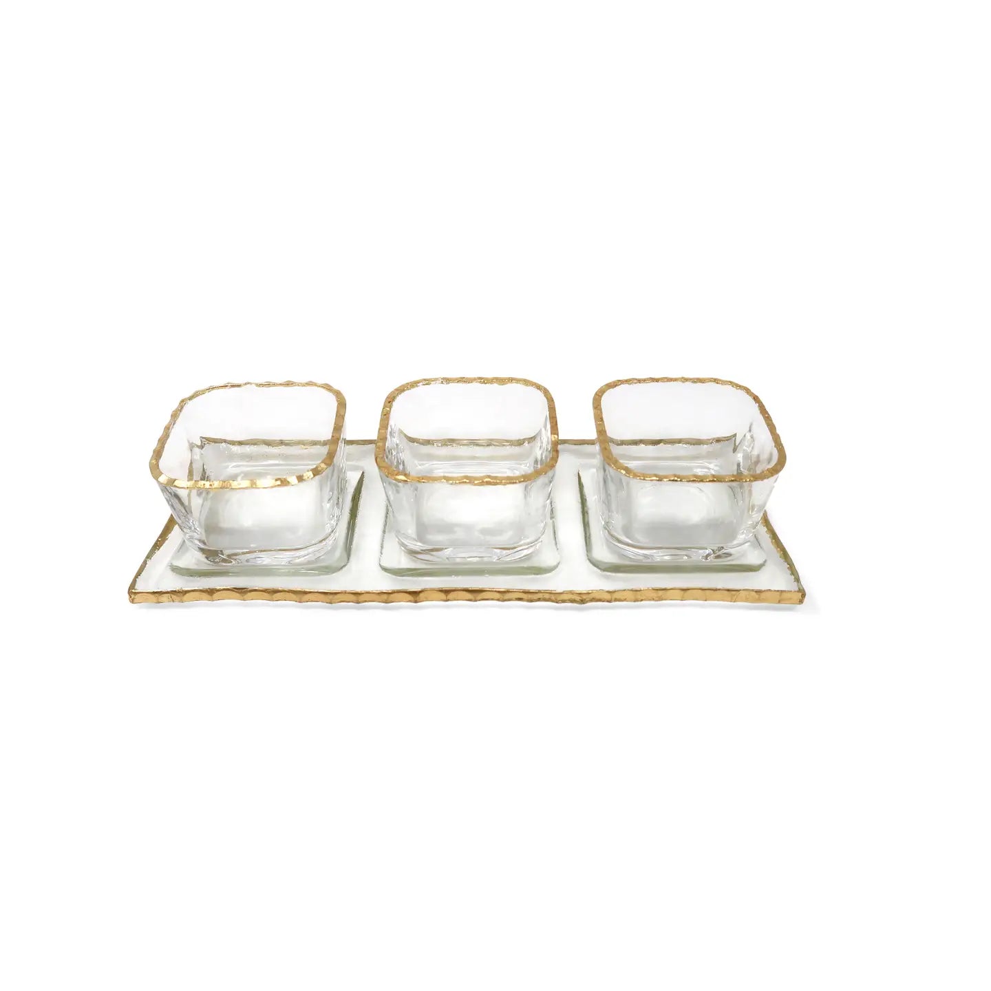 3 Bowl Sauce Dish On Tray with Gold Rustic Rim