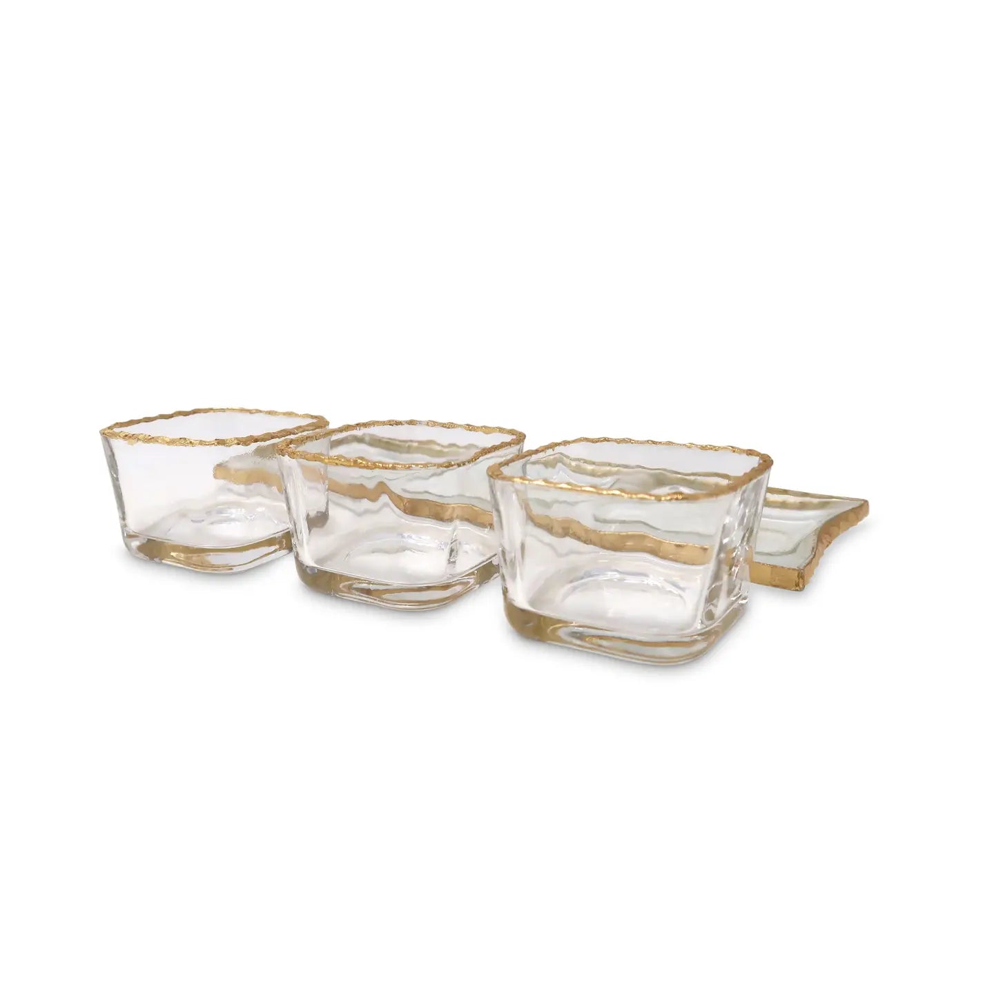 3 Bowl Sauce Dish On Tray with Gold Rustic Rim