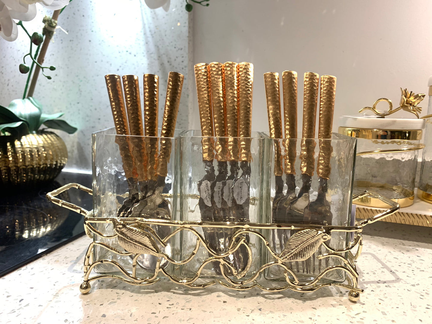 Gold Leaf Cutlery Holder With Hammered Glass Inserts