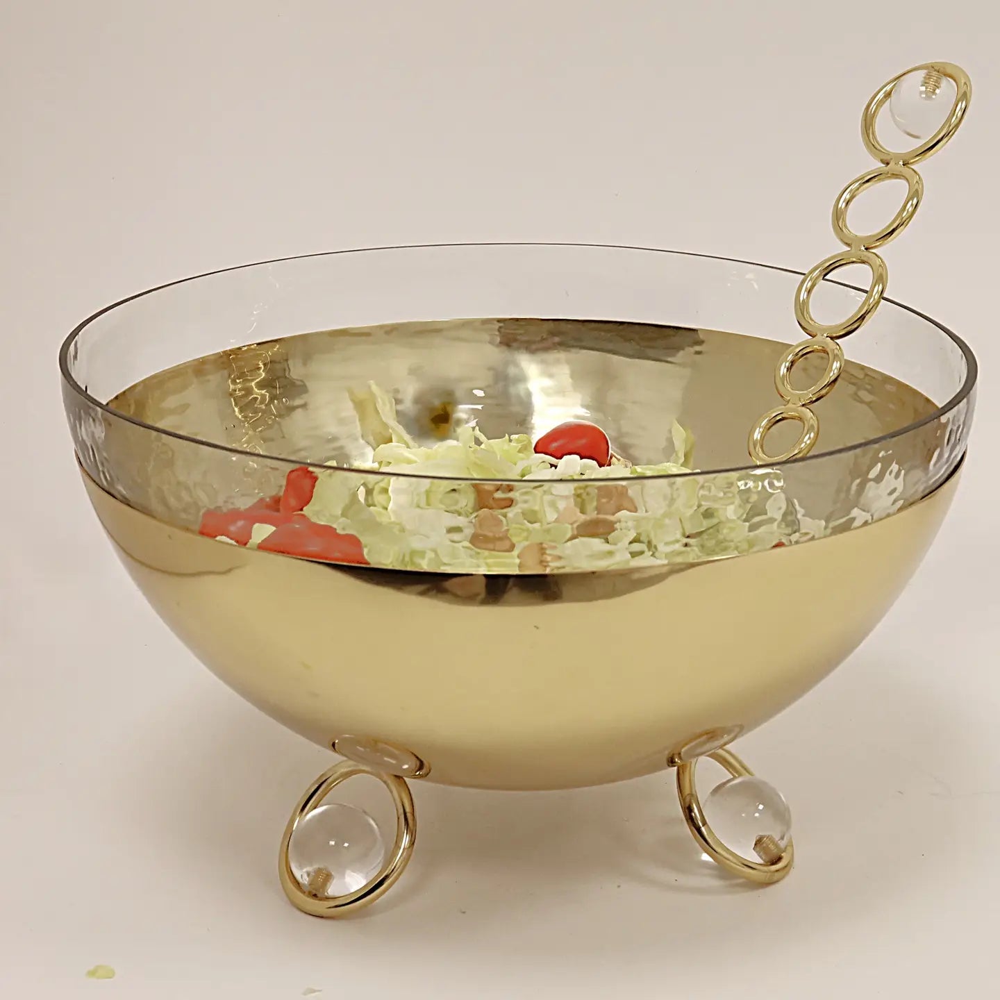 Salad Bowl with Glass Insert Gold and Clear Ball Legs - 11"D-High Class Touch