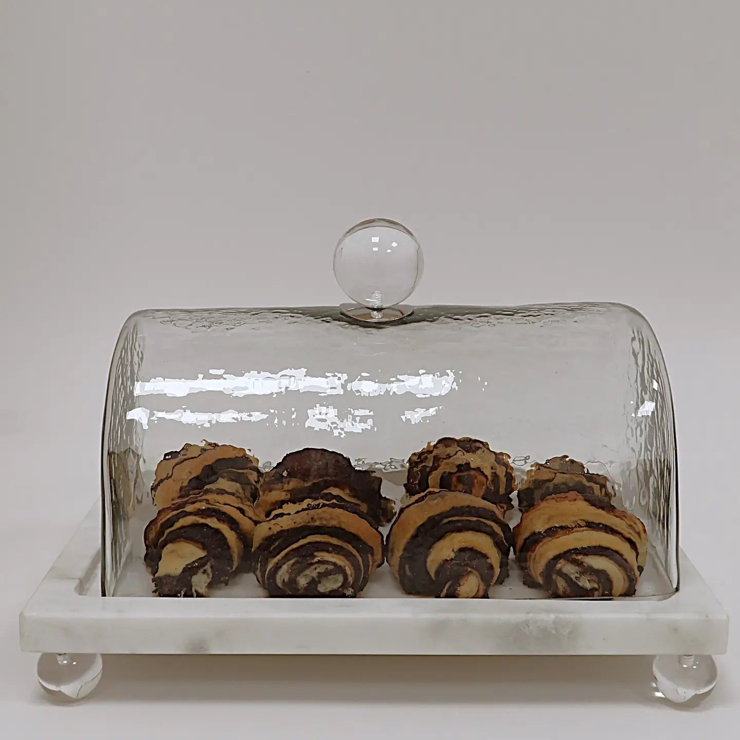 Marble Cake Plater with Glass Cover and Ball Knob - 10.4"L