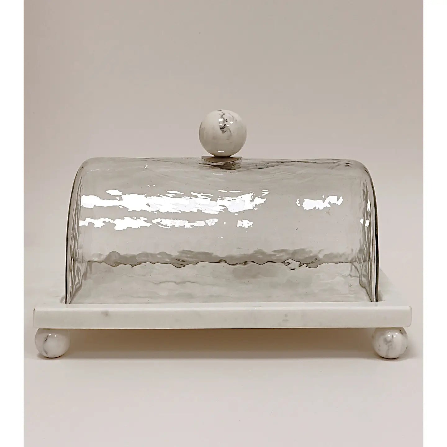 Marble Cake Plater with Glass Cover and Ball Knob - 10.4"L