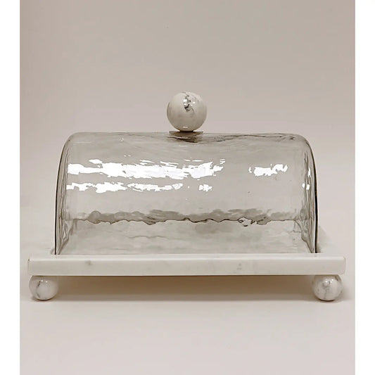 Marble Cake Platter with Glass Cover and Ball Knob - 10.4"L-High Class Touch