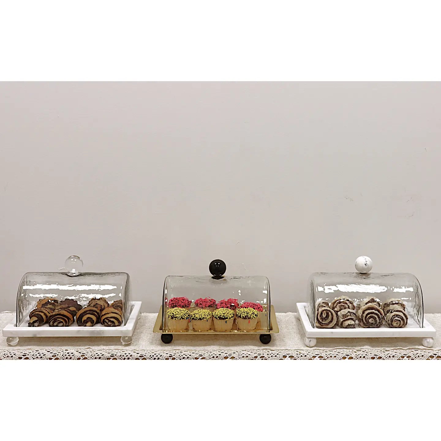 Marble Cake Plater with Glass Cover and Ball Knob - 10.4"L