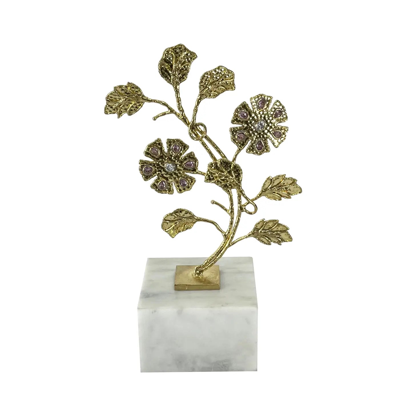 Gold Flower Art - White and Pink Crystal Gemstones