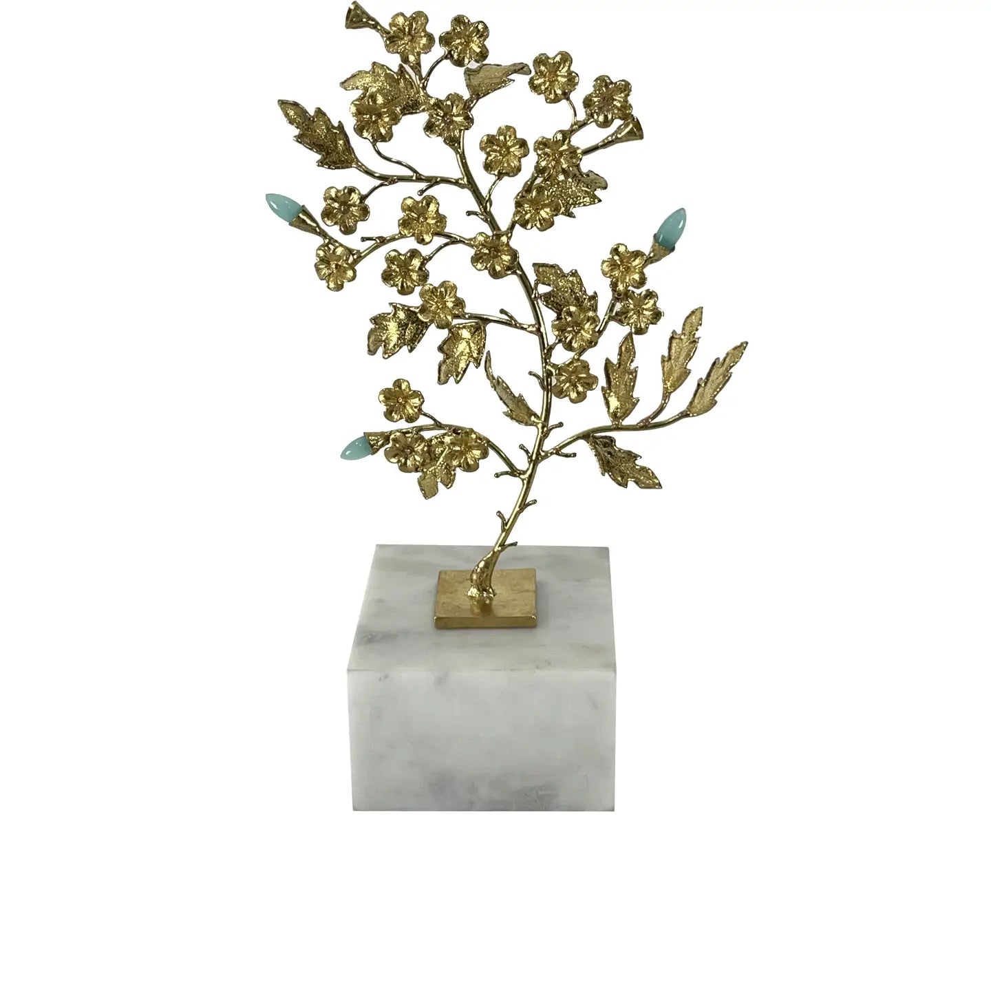 Gold Flower Sculpture Aqua Gem - Marble Base