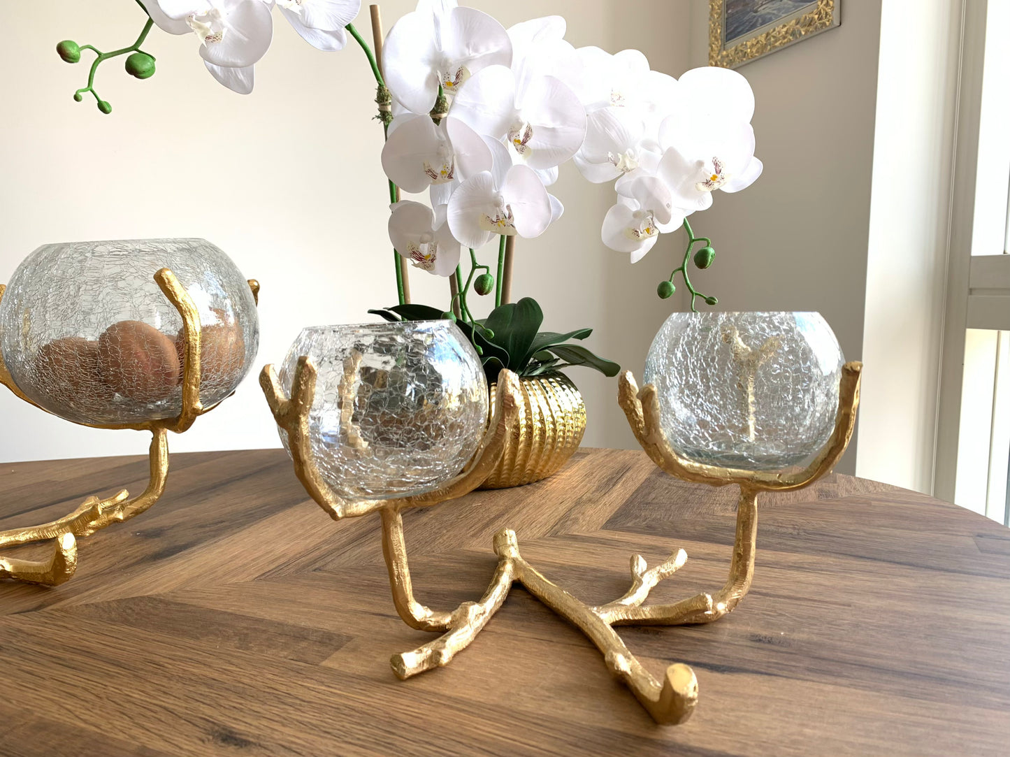 2 Glass Bowl on Gold Branch Holder Centerpiece