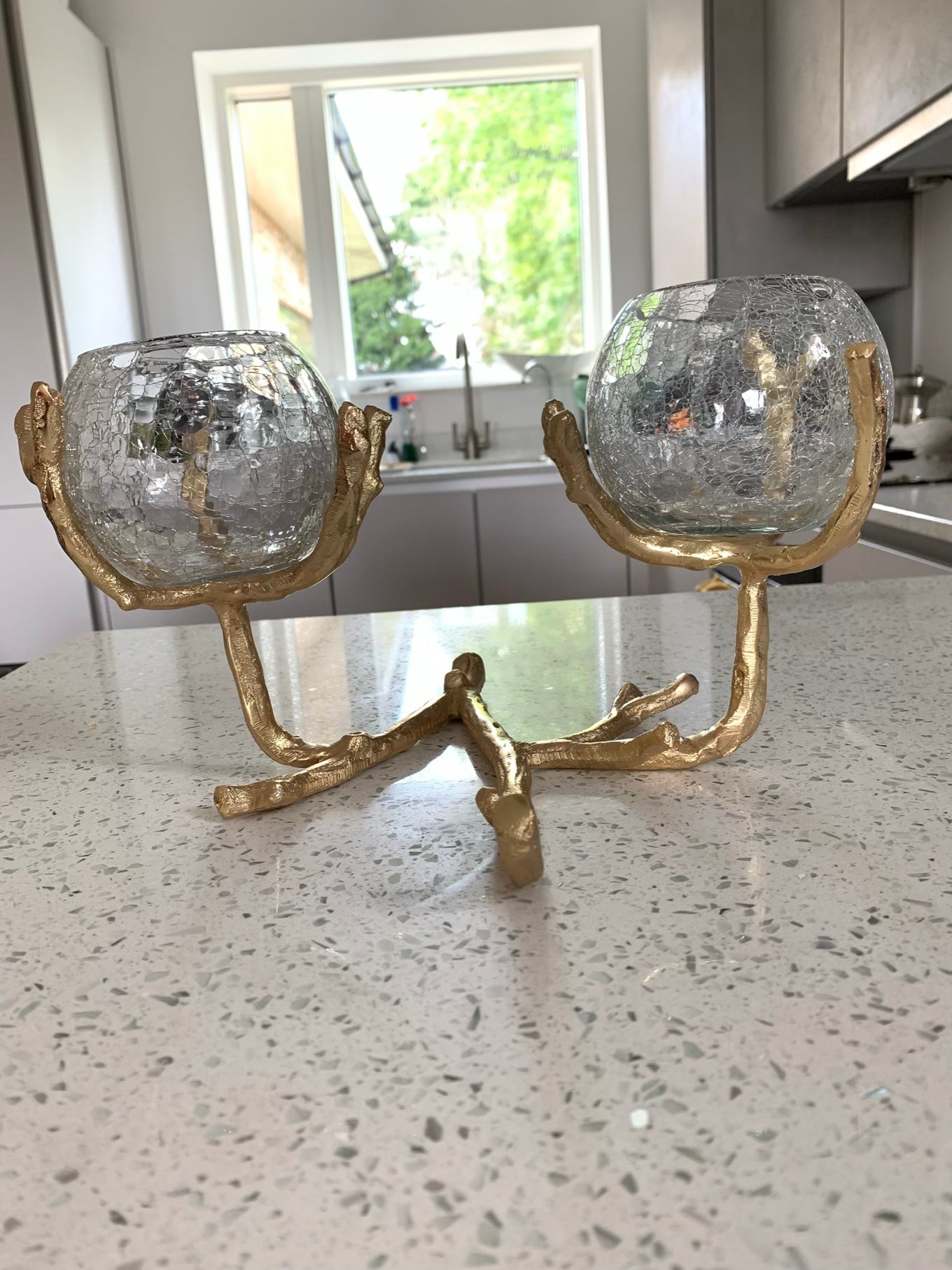 2 Glass Bowl on Gold Branch Holder Centerpiece