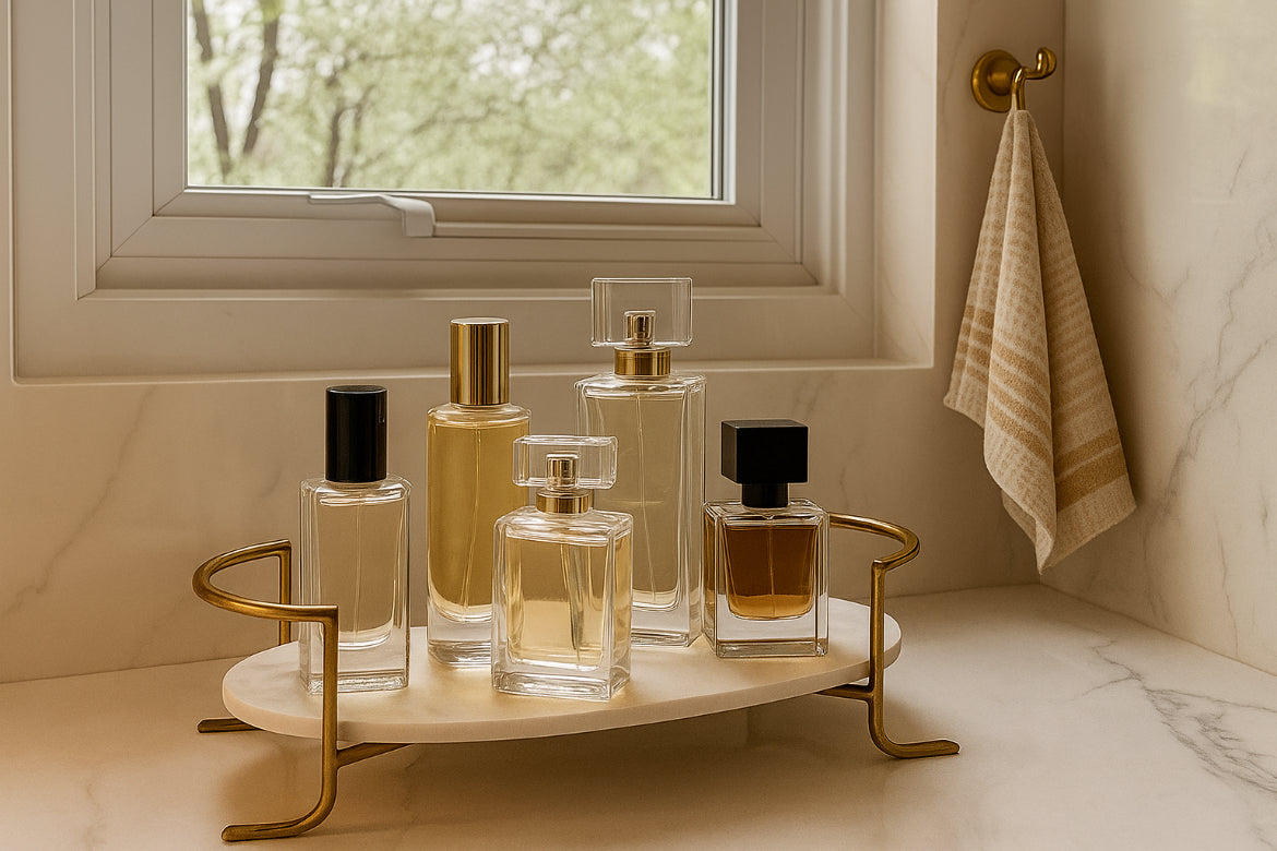 Marble tray with gold handles with perfume