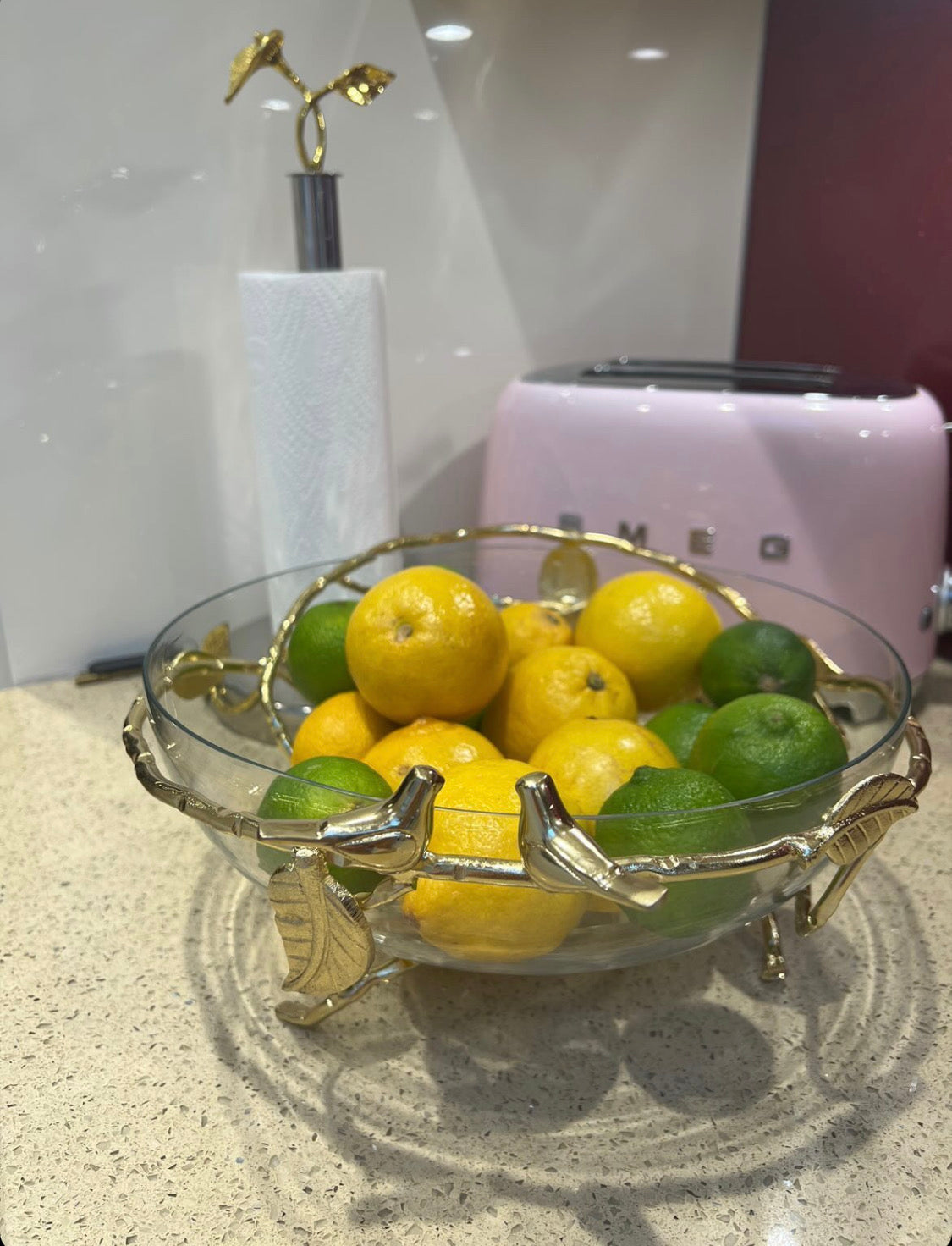 glass fruit bowl insert on a gold leaf design base homeware