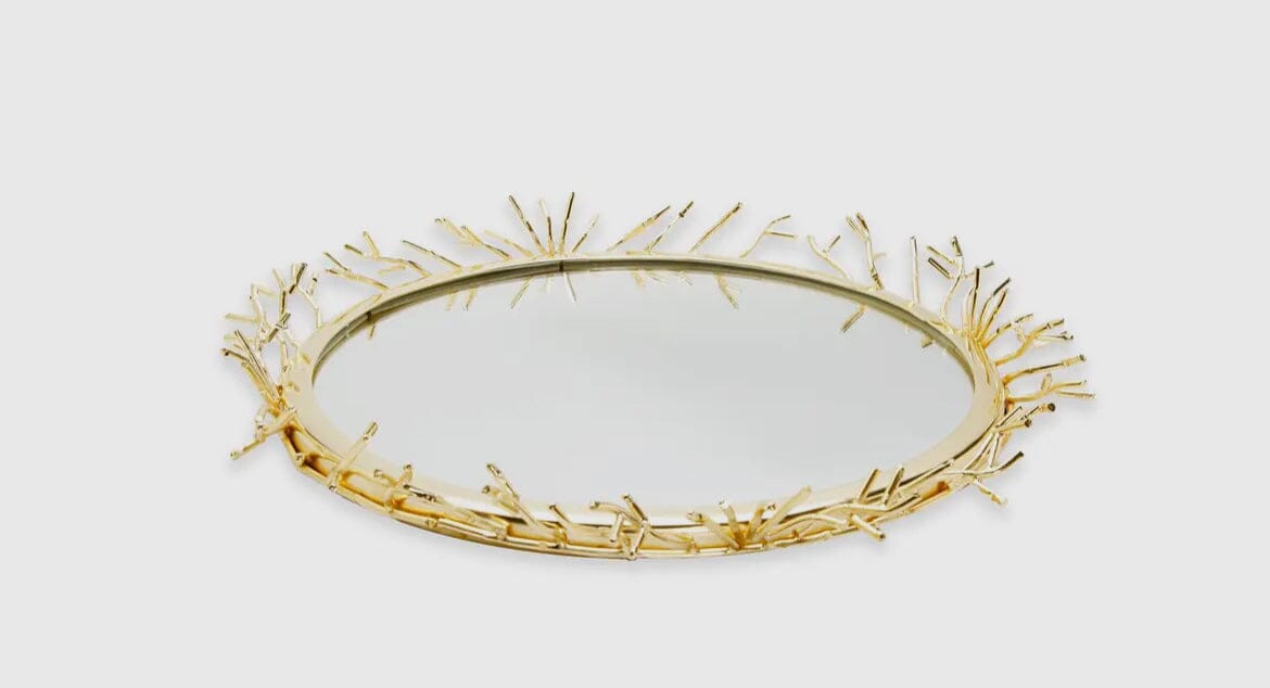 Decorative Round Mirror Tray with Gold Design Border Decorative Trays High Class Touch - Home Decor