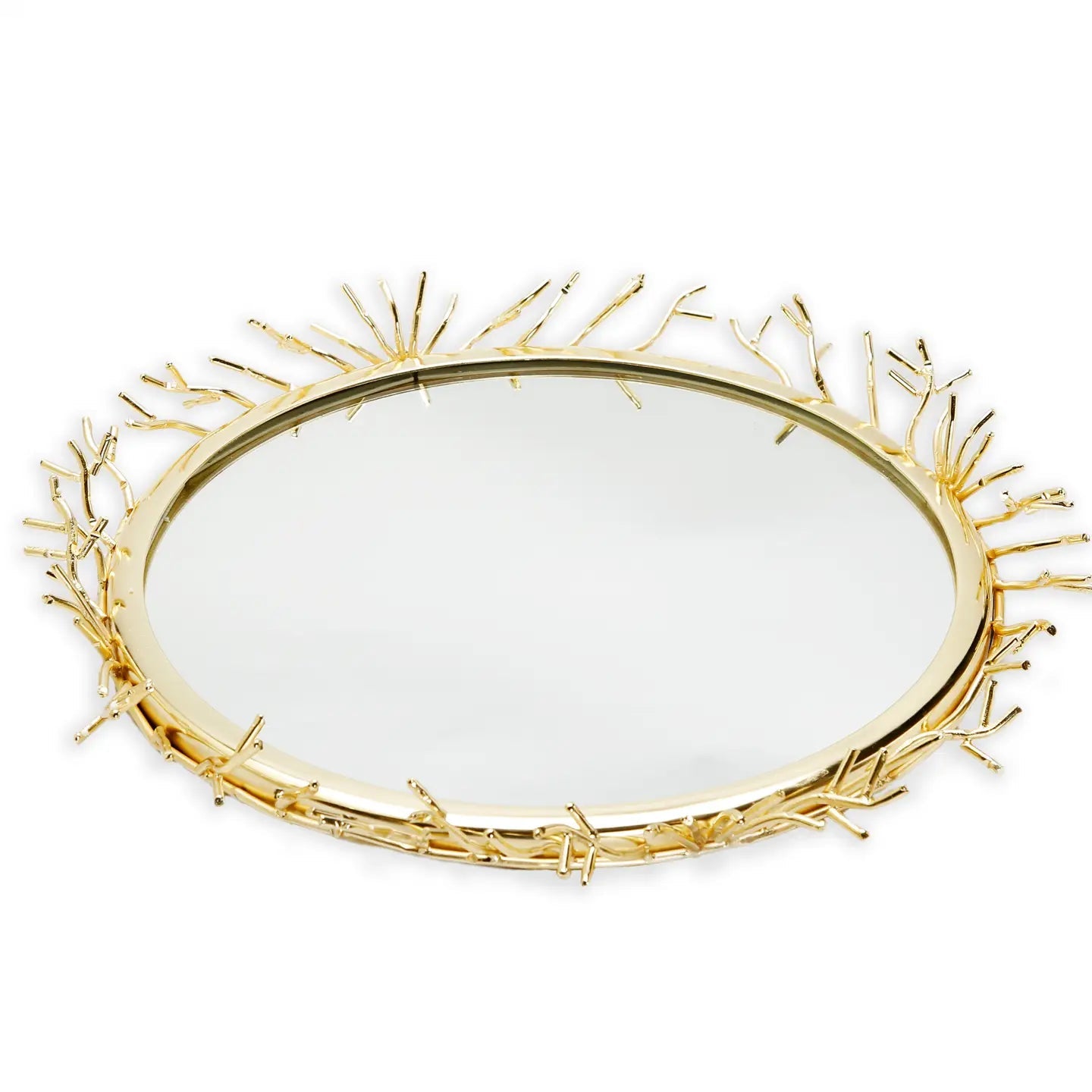Decorative Round Mirror Tray with Gold Design Border Decorative Trays High Class Touch - Home Decor