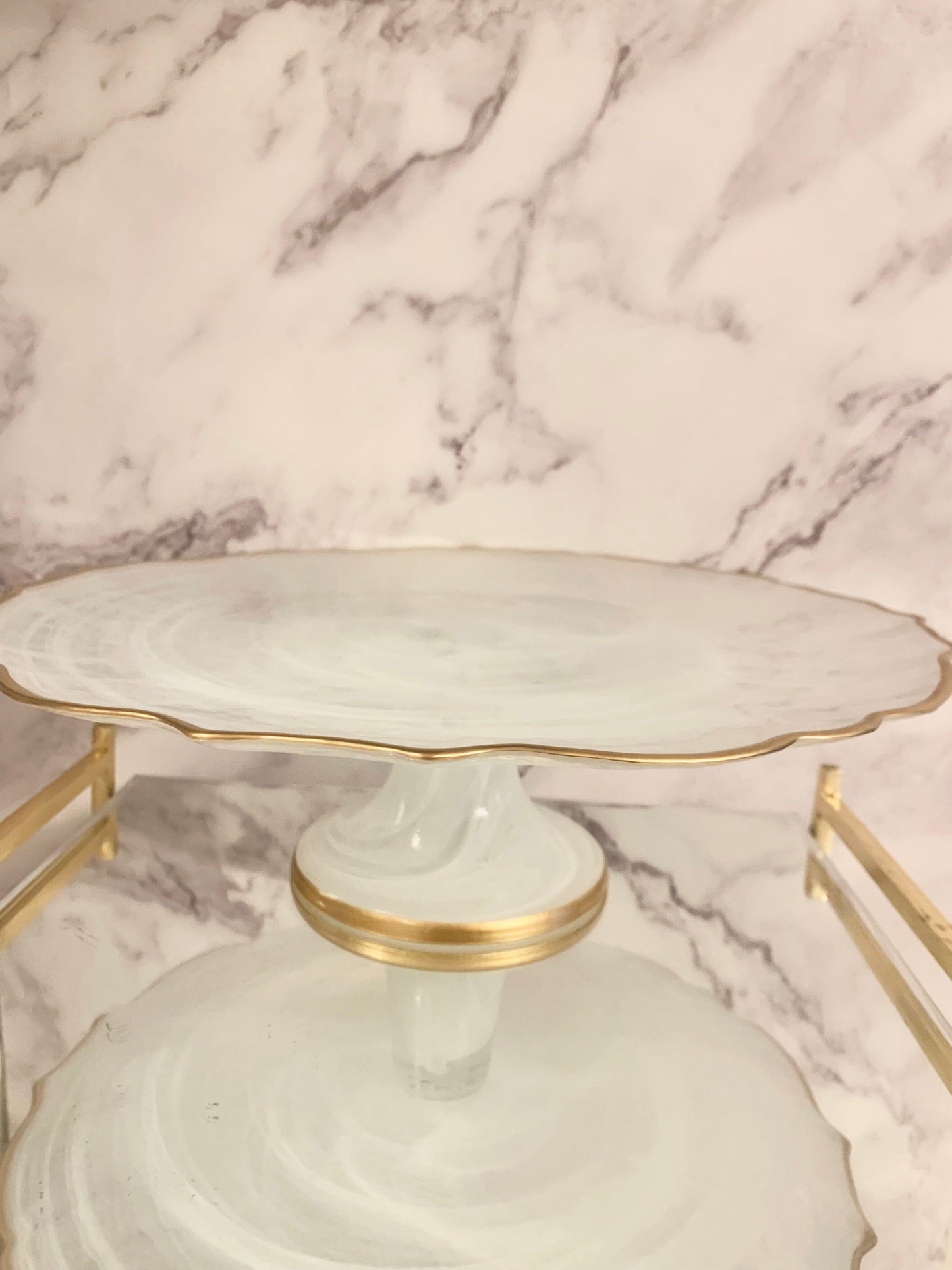 Dinnerware Set Plates in Smoked Alabaster White with Gold Trim Plates High Class Touch - Home Decor Cake stand 13”
